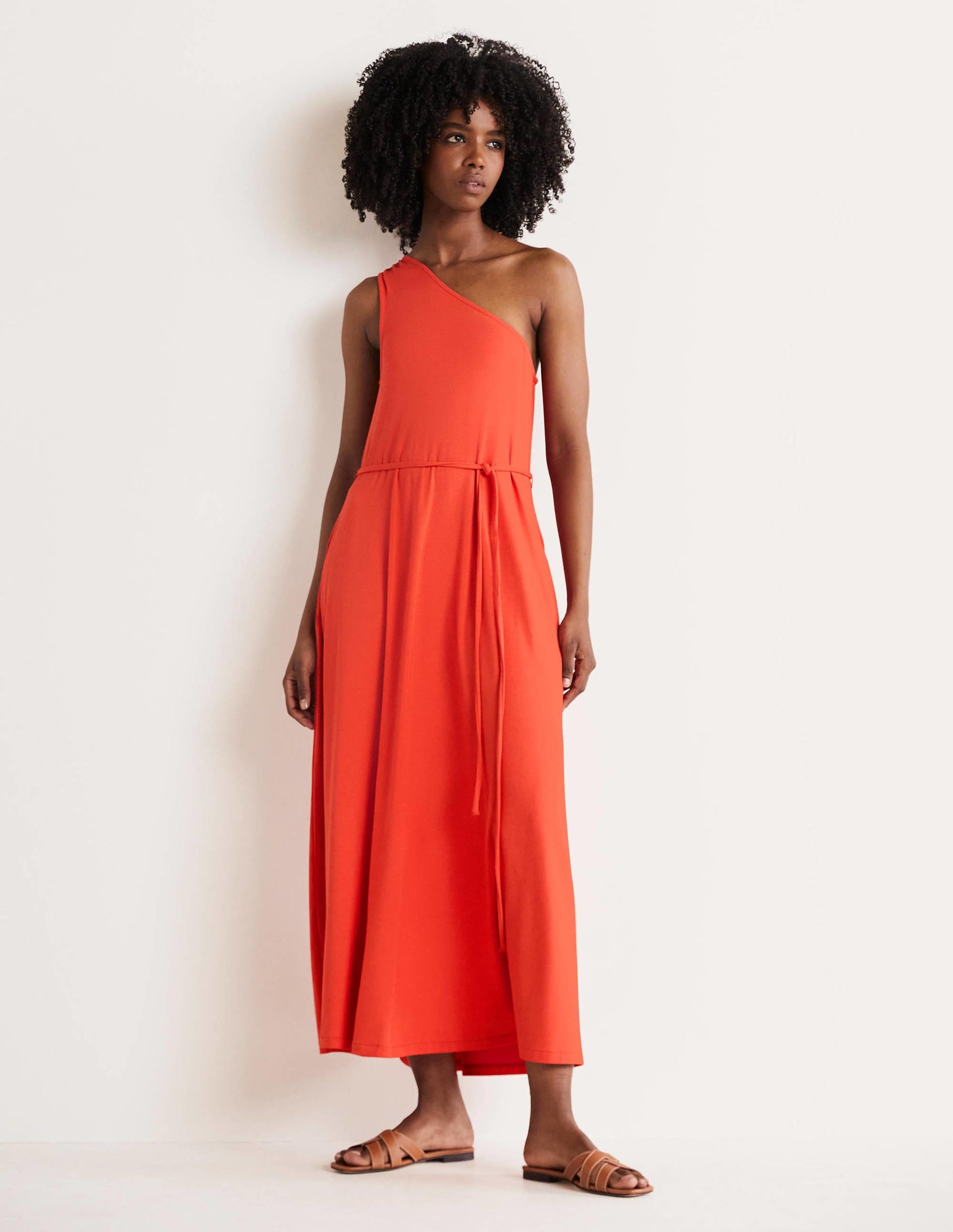 One Shoulder Jersey Midi Dress-Cherry Red-1