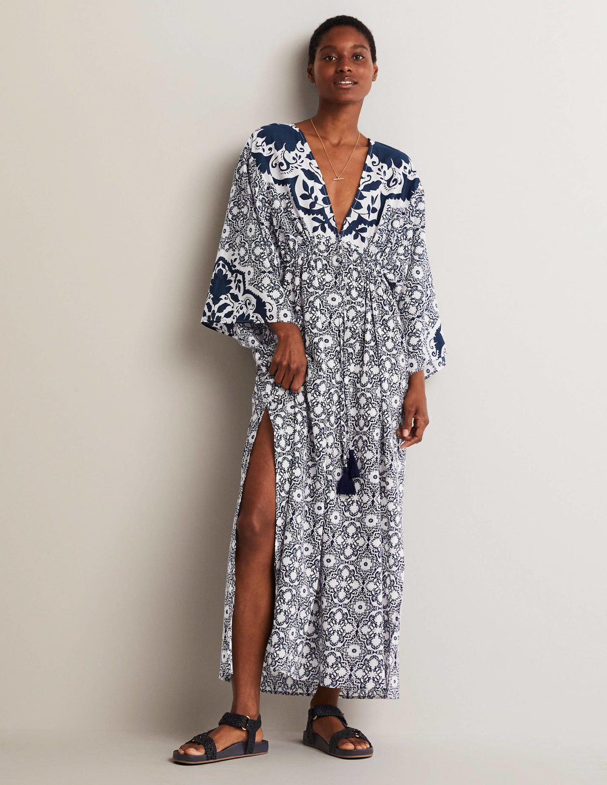 Maxi Empire Beach Kaftan Dress-Navy, Bloomsbury-6