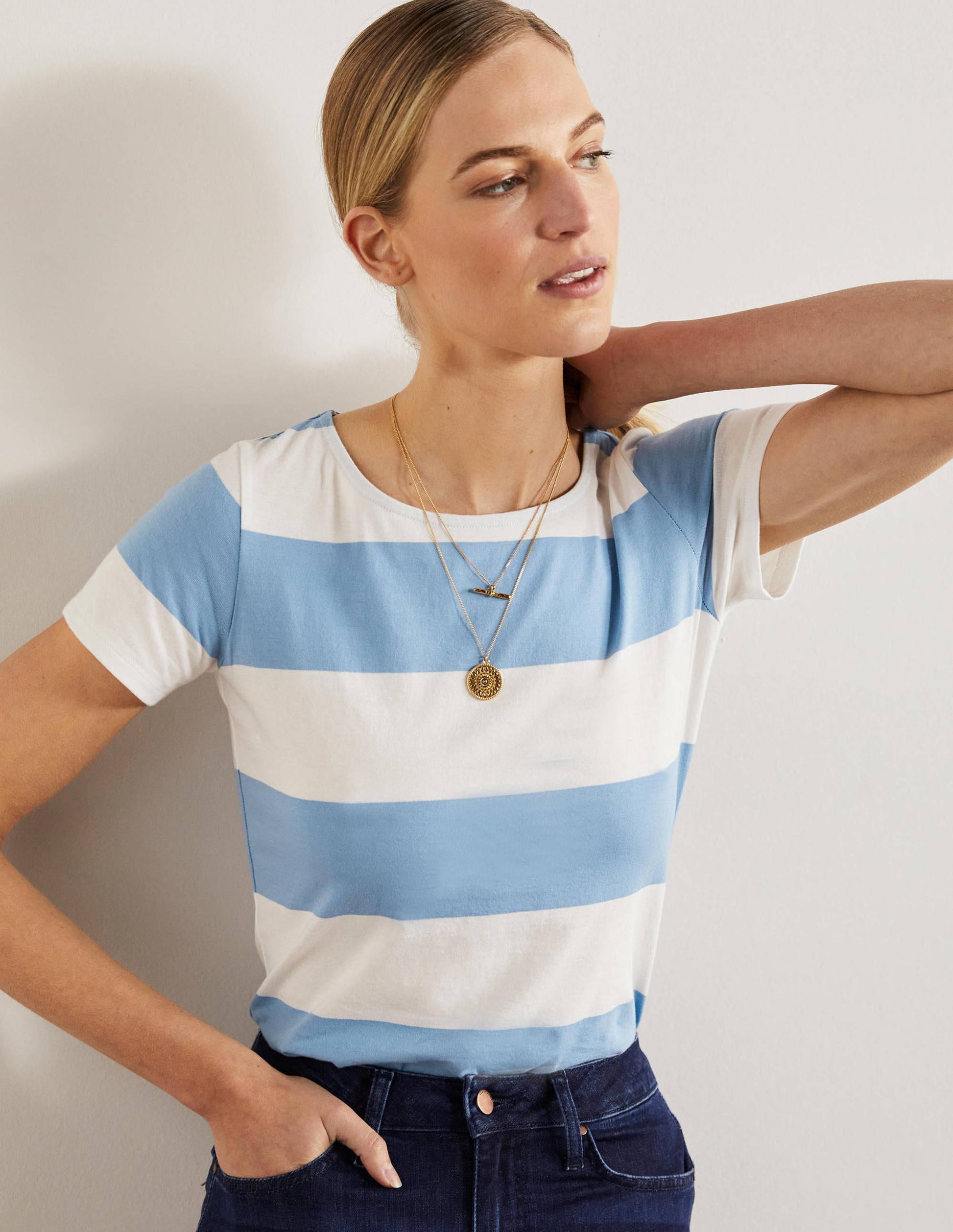 Short Sleeve Breton T-Shirt-Dusty Blue / Ivory Stripe-1