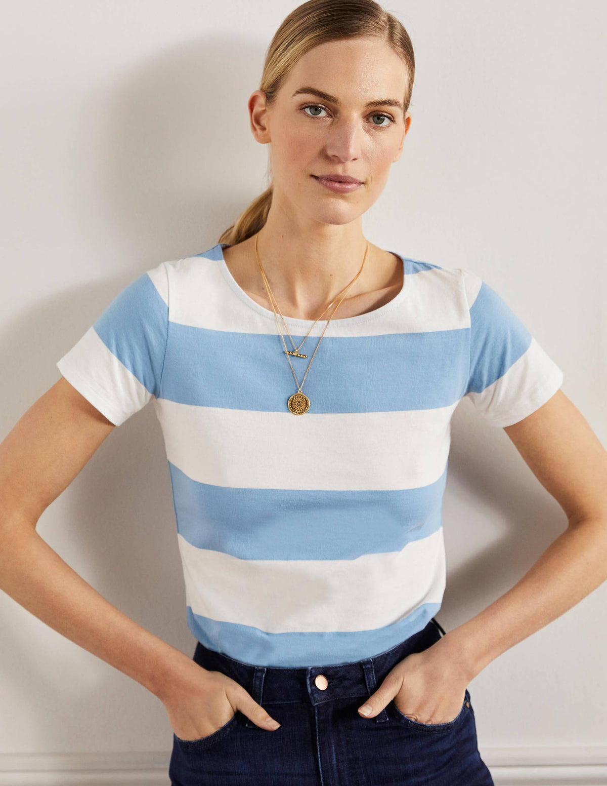 Short Sleeve Breton T-Shirt-Dusty Blue / Ivory Stripe - Image 4
