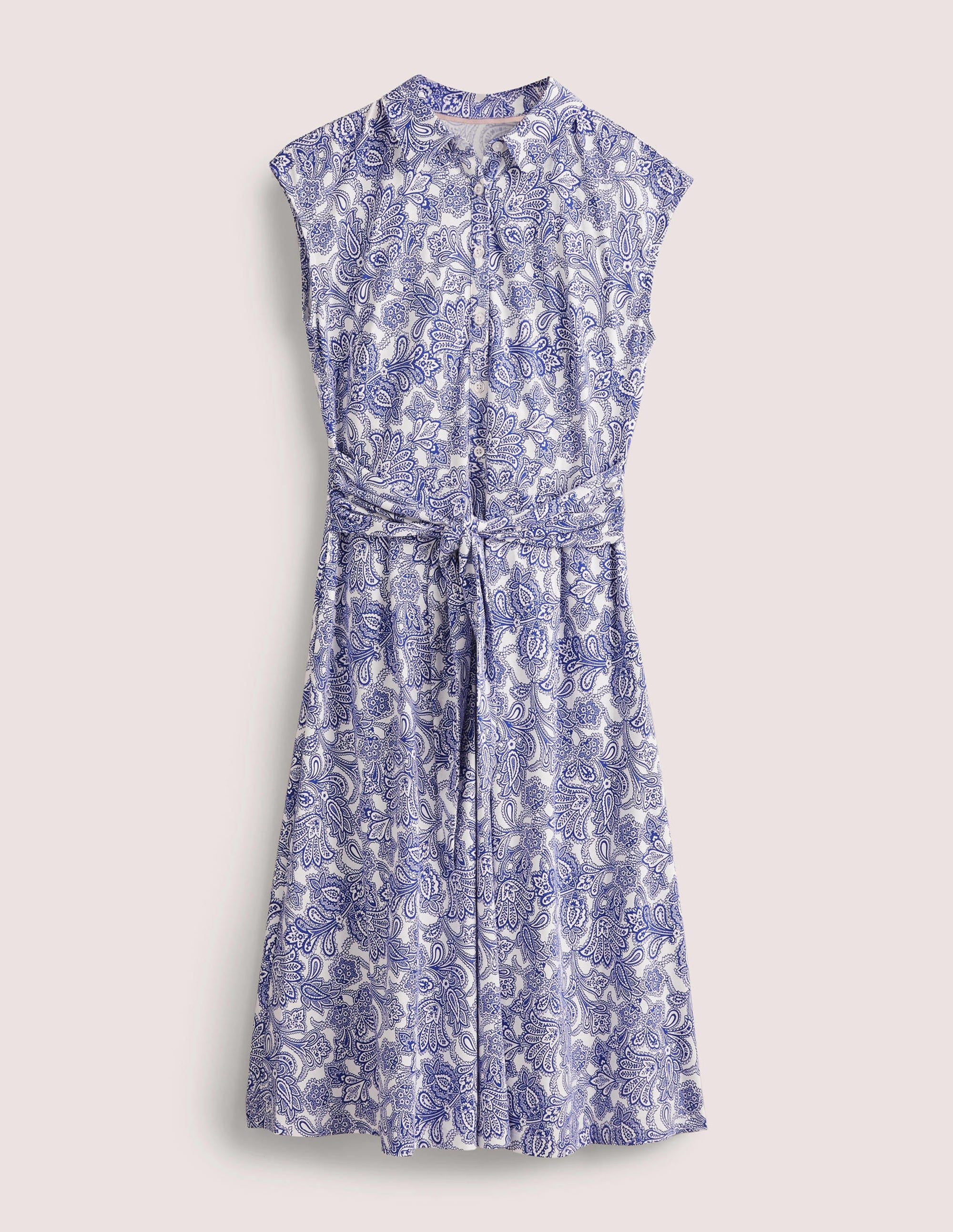 Tie Waist Jersey Shirt Dress-Atlantic Ocean, Paisley Bud - Image 6