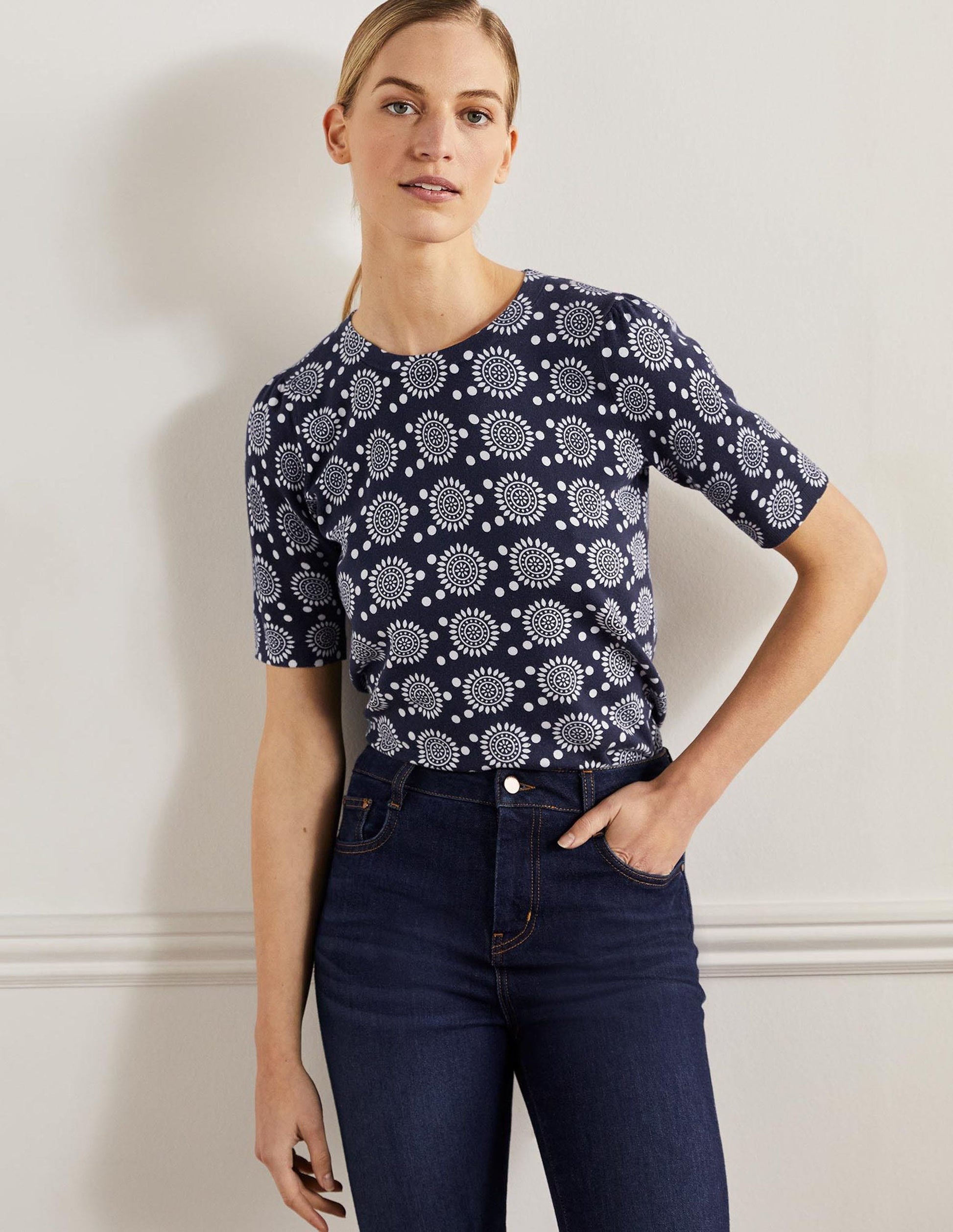 Cotton Crew Knitted Top-French Navy, Sun Geo-1