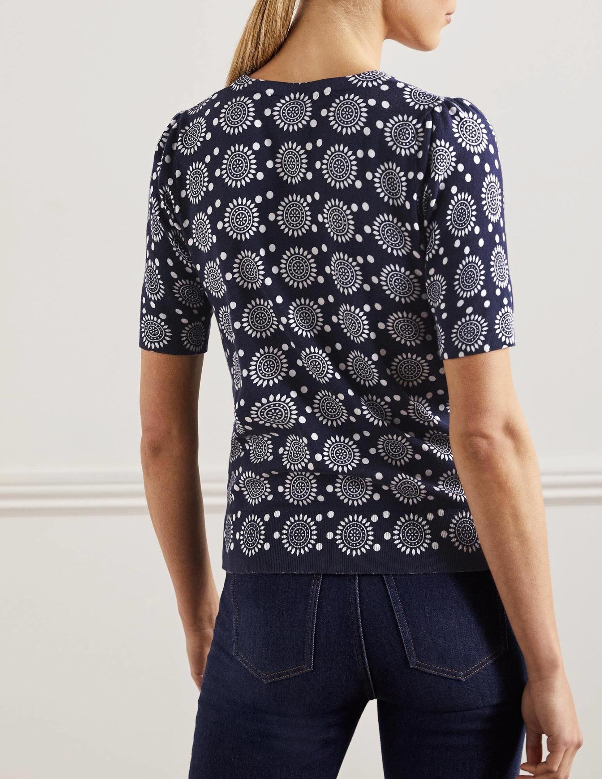 Cotton Crew Knitted Top-French Navy, Sun Geo-3