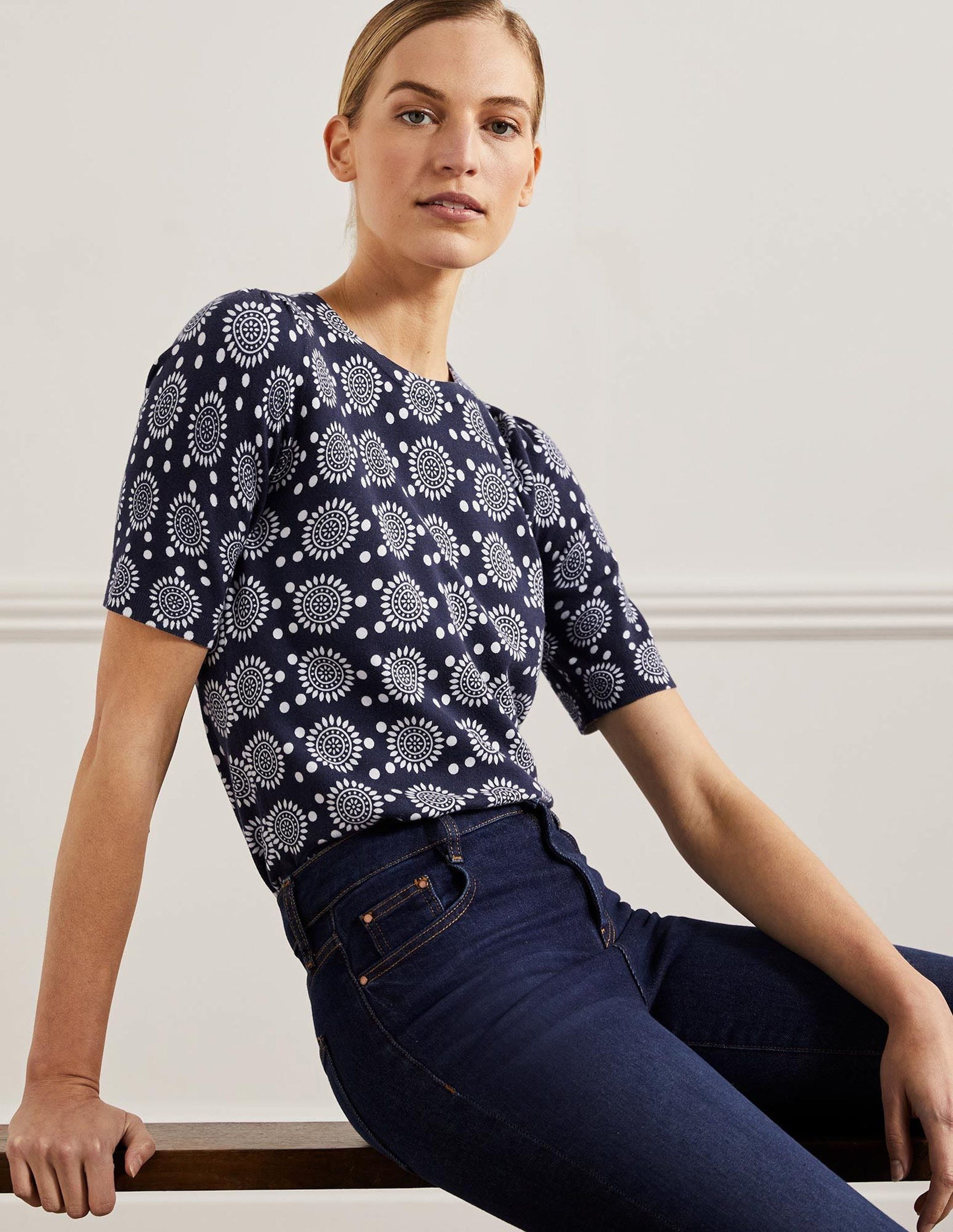 Cotton Crew Knitted Top-French Navy, Sun Geo-4