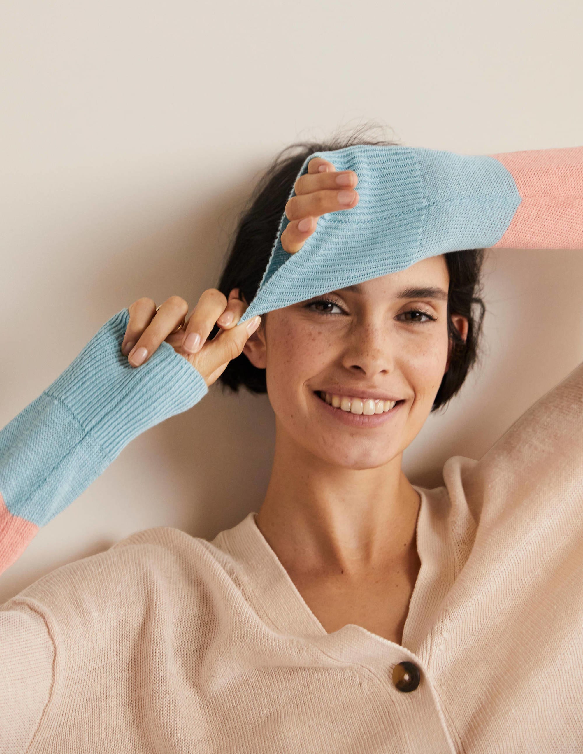 Colourblock Linen Cardigan-Chalky Coral Bon Bon - Image 2
