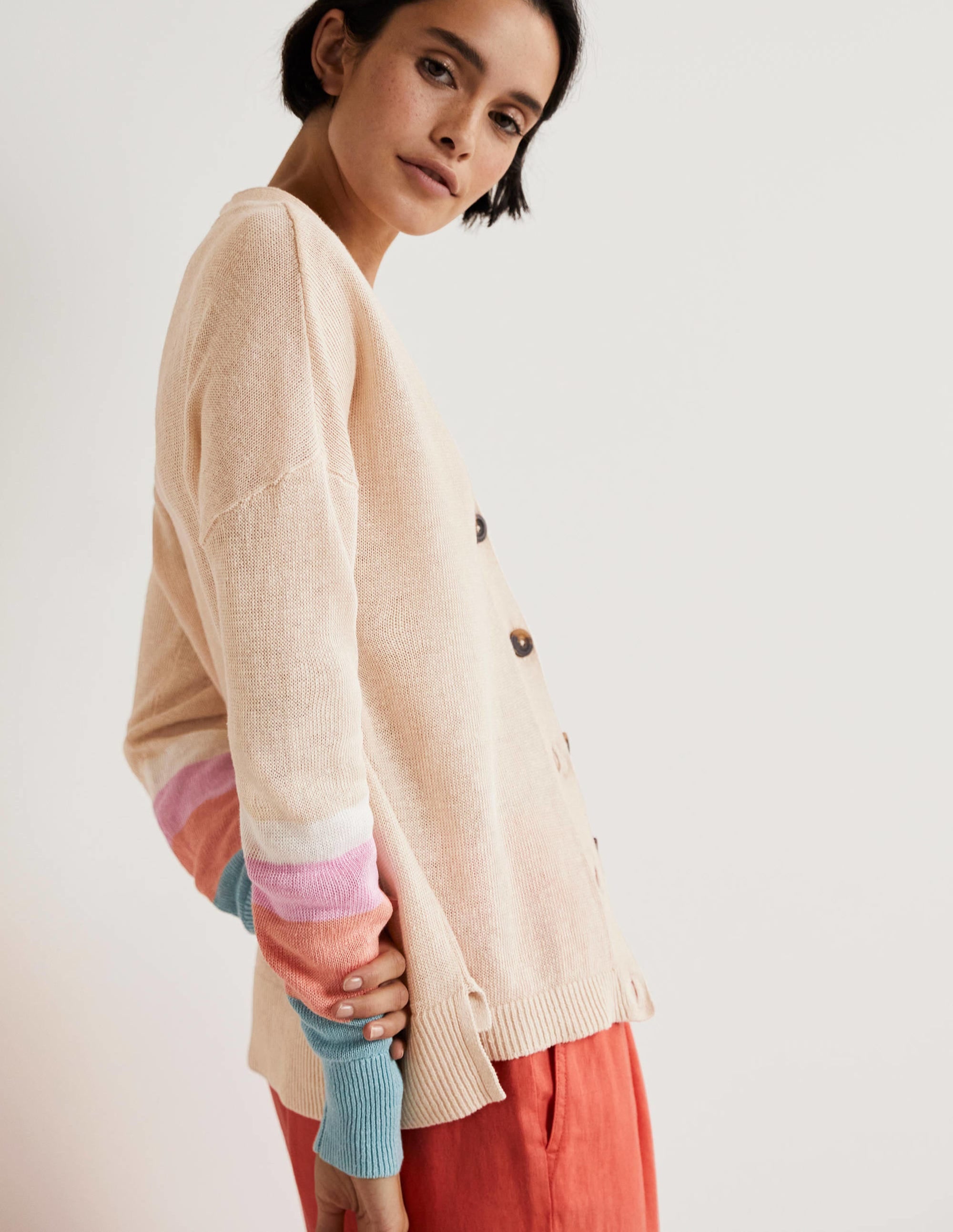 Colourblock Linen Cardigan-Chalky Coral Bon Bon - Image 4