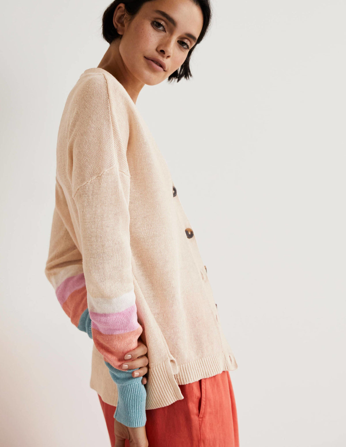 Colourblock Linen Cardigan-Chalky Coral Bon Bon - Image 5
