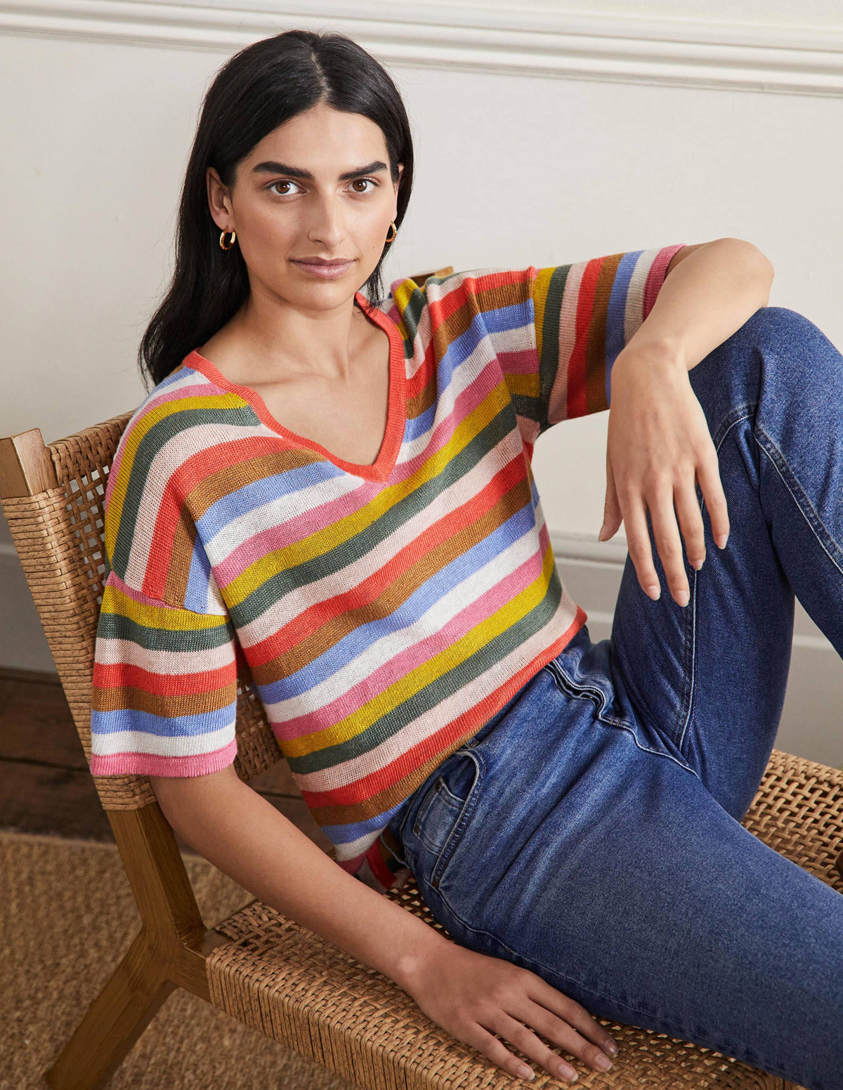 Linen Knitted  T-shirt-Hot Coral Rainbow-1