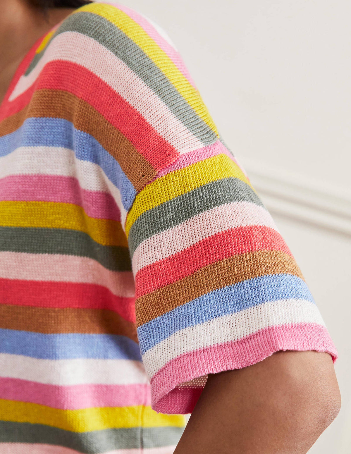 Linen Knitted  T-shirt-Hot Coral Rainbow - Image 2