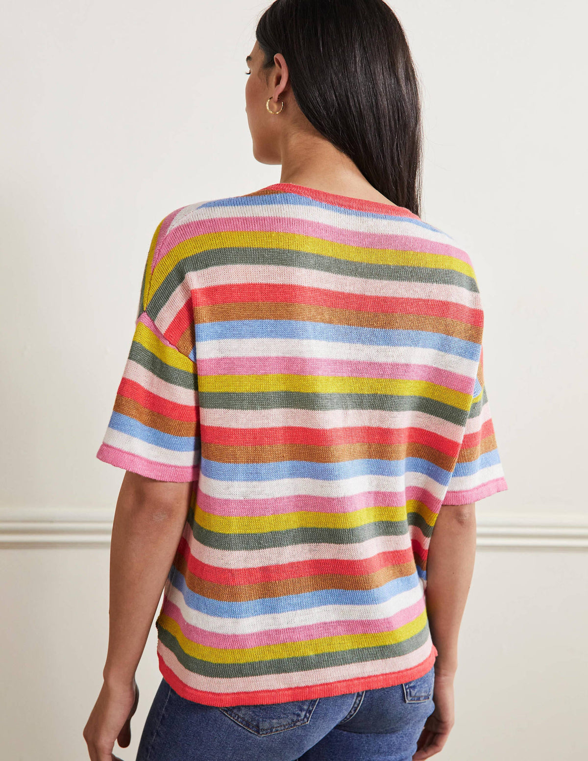Linen Knitted  T-shirt-Hot Coral Rainbow-3