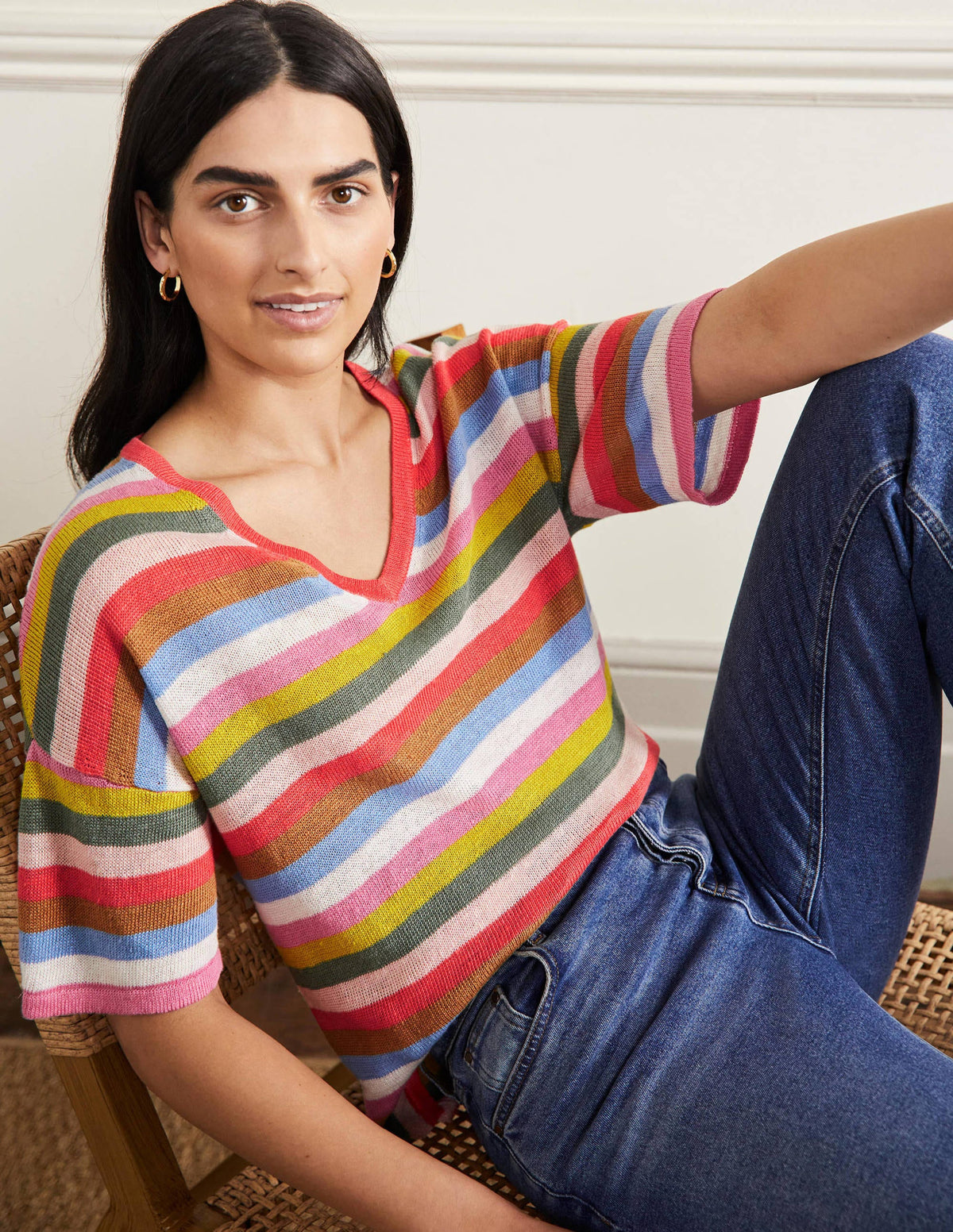 Linen Knitted  T-shirt-Hot Coral Rainbow-4