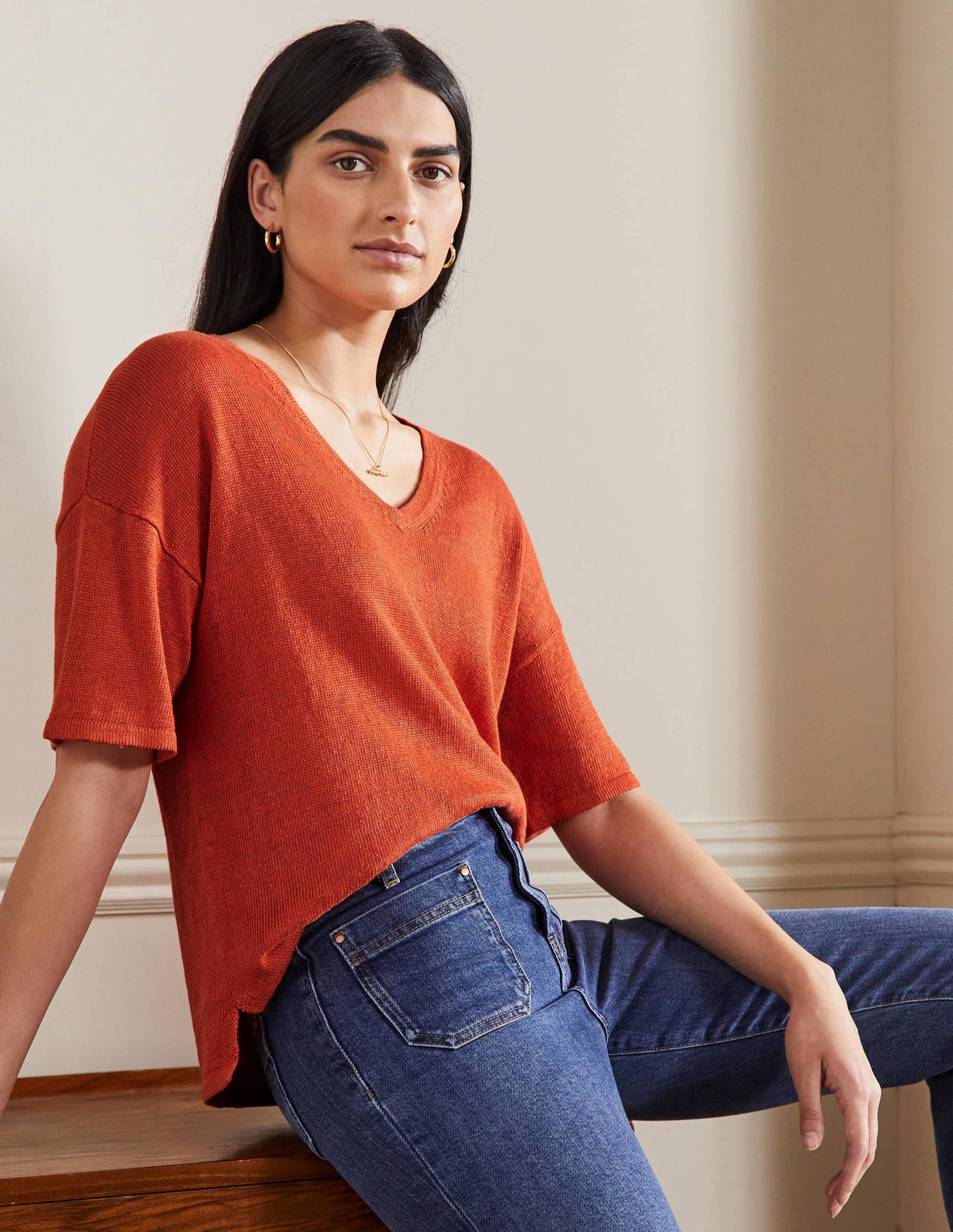 Linen Knitted  T-shirt-Bright Papaya-1