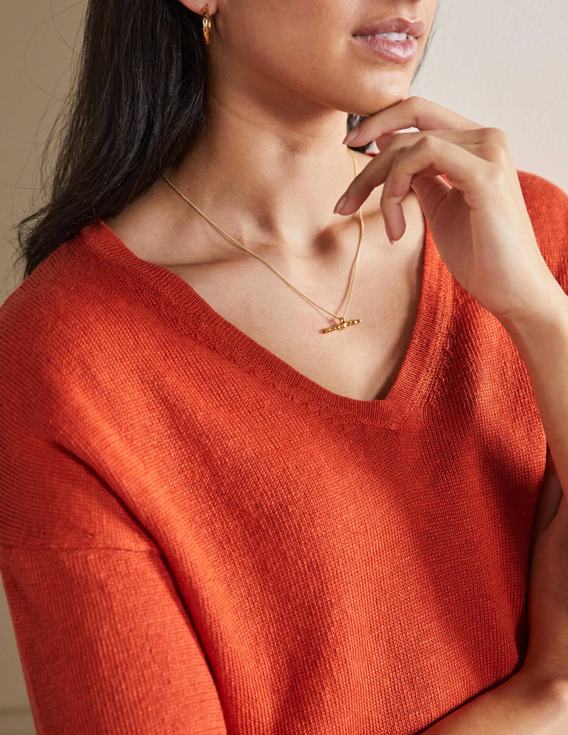 Linen Knitted  T-shirt-Bright Papaya-2