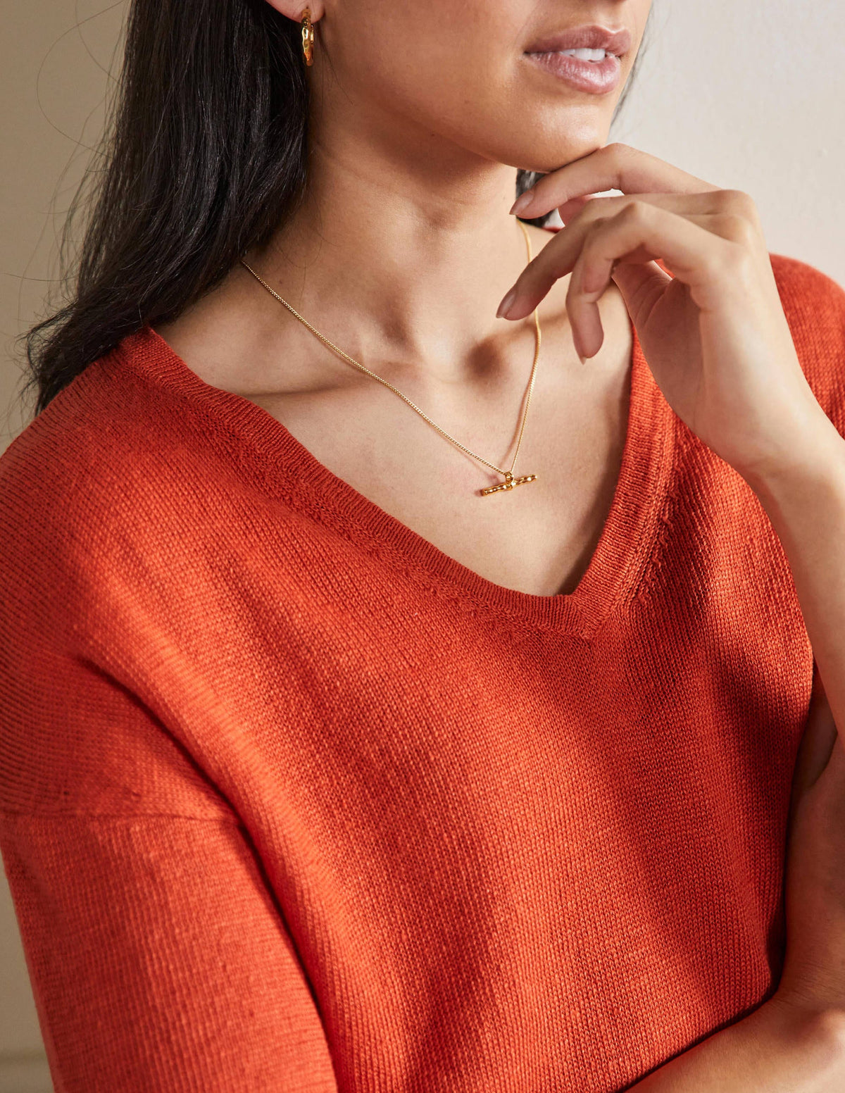 Linen Knitted  T-shirt-Bright Papaya - Image 2
