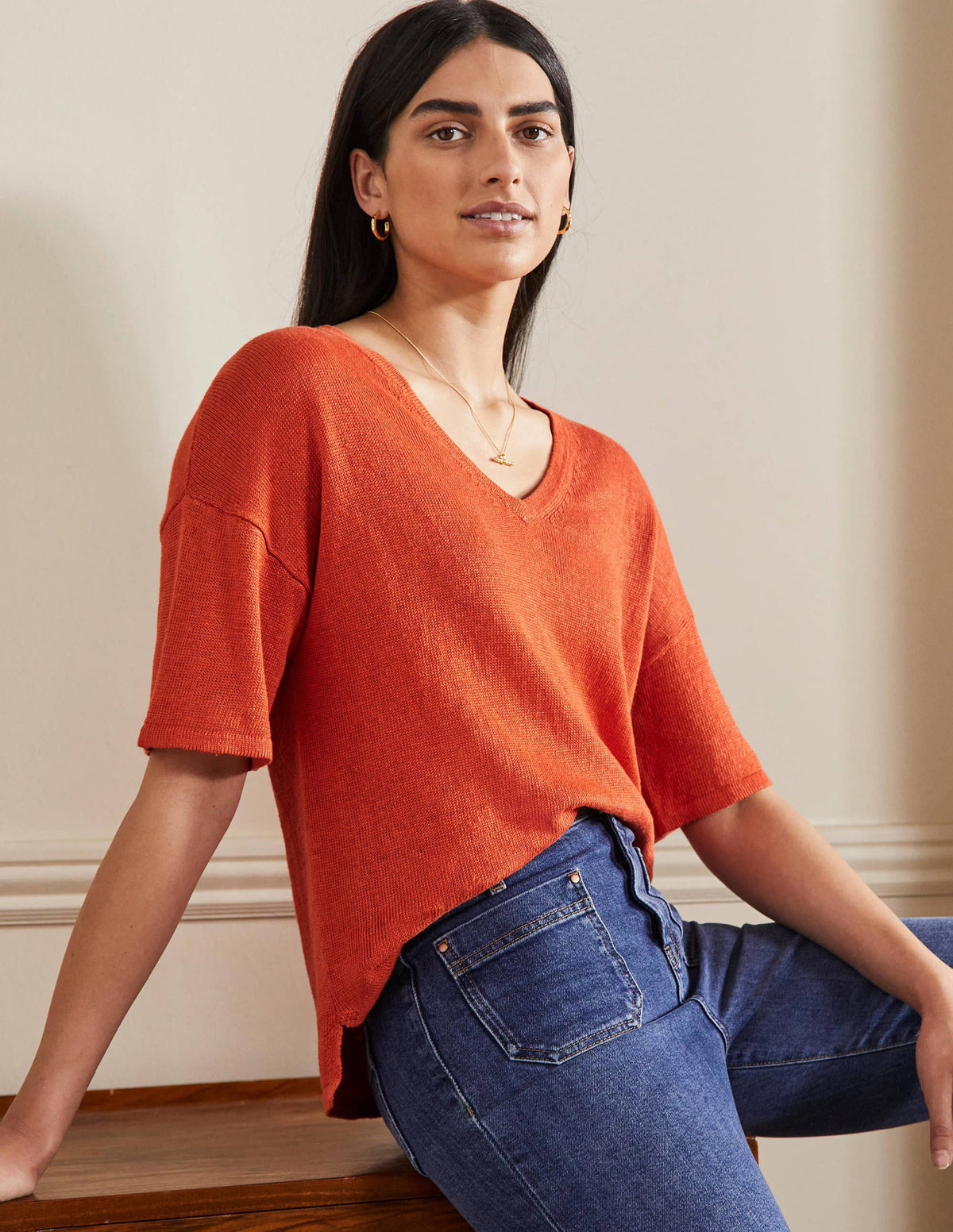 Linen Knitted  T-shirt-Bright Papaya-4