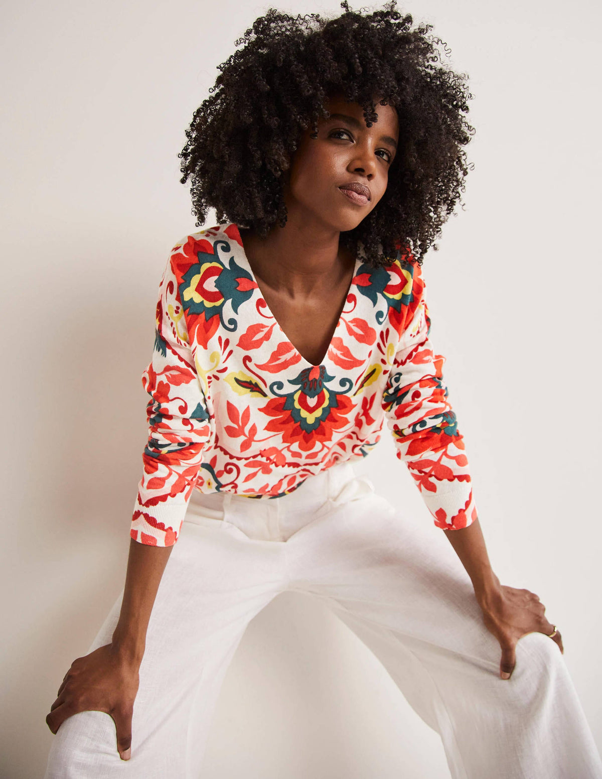 Relaxed Printed V-neck Sweater-Multi, Moroccan Bloom - Image 1