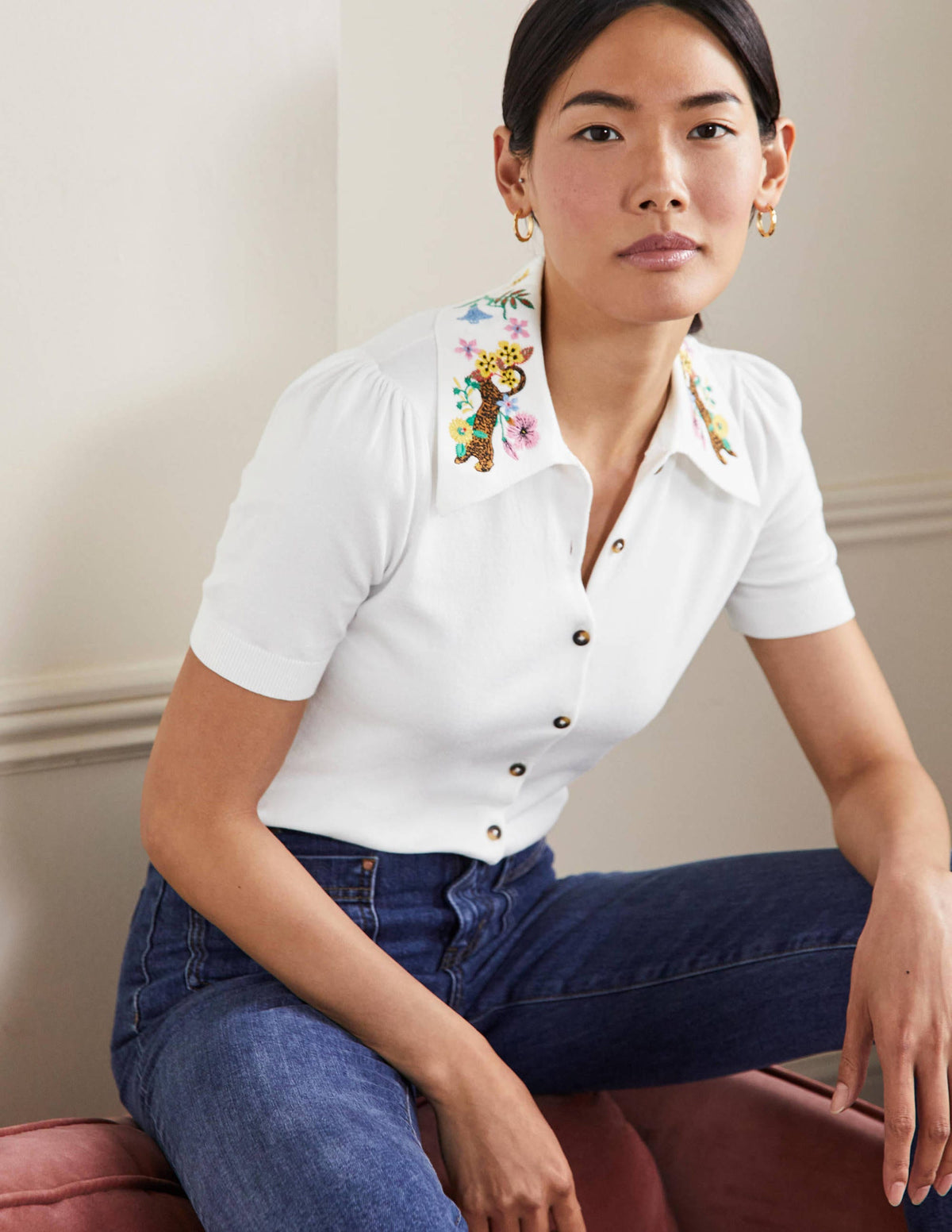 Embroidered Collar Cardigan-Ivory-1