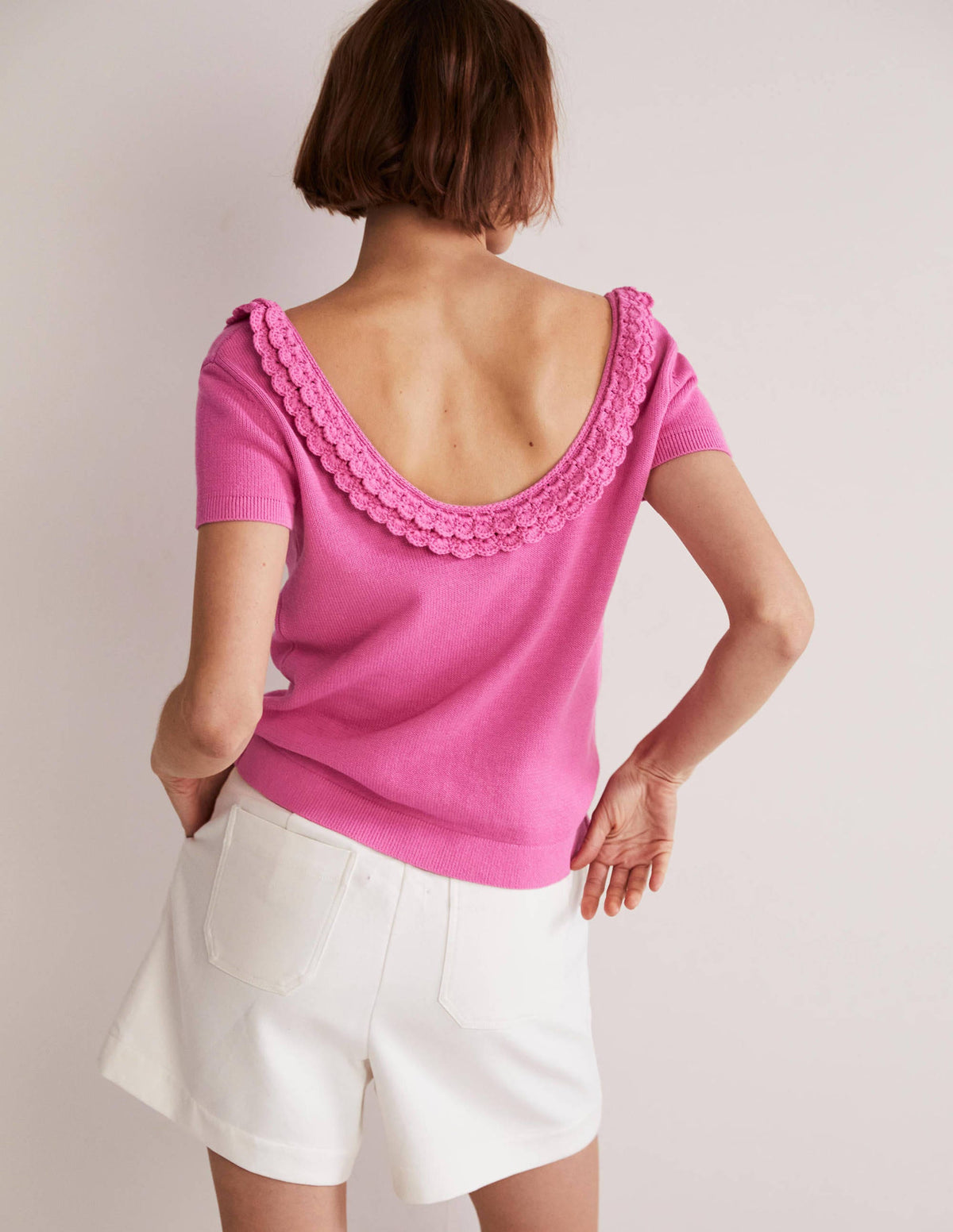 Crochet Scallop Knit T-shirt-Strawberry Daiquiri Pink - Image 3