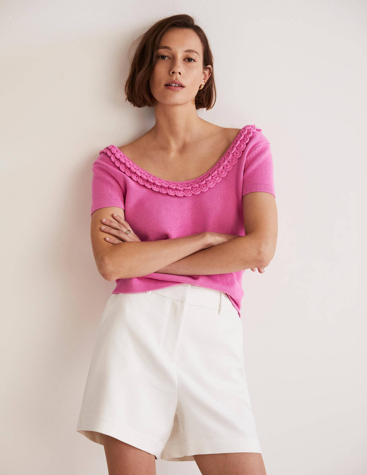 Crochet Scallop Knit T-shirt-Strawberry Daiquiri Pink - Image 4