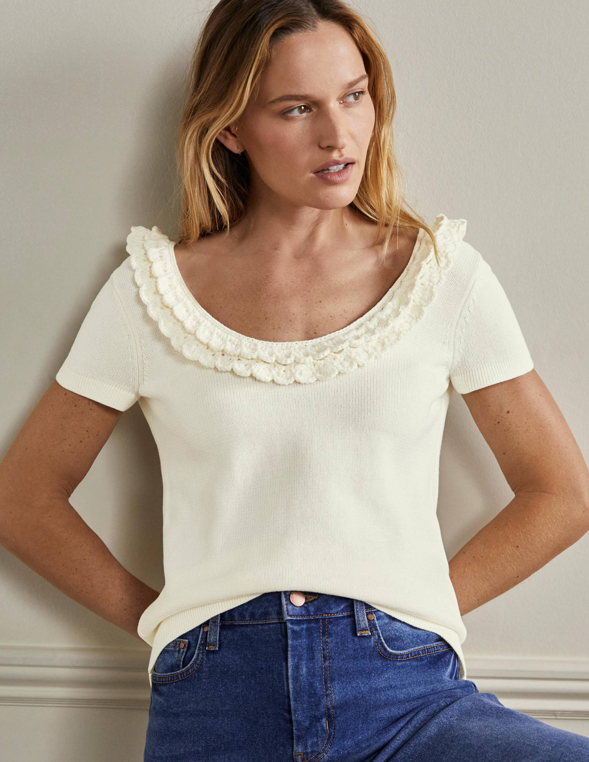 Crochet Scallop Knit T-shirt-Ivory - Image 1