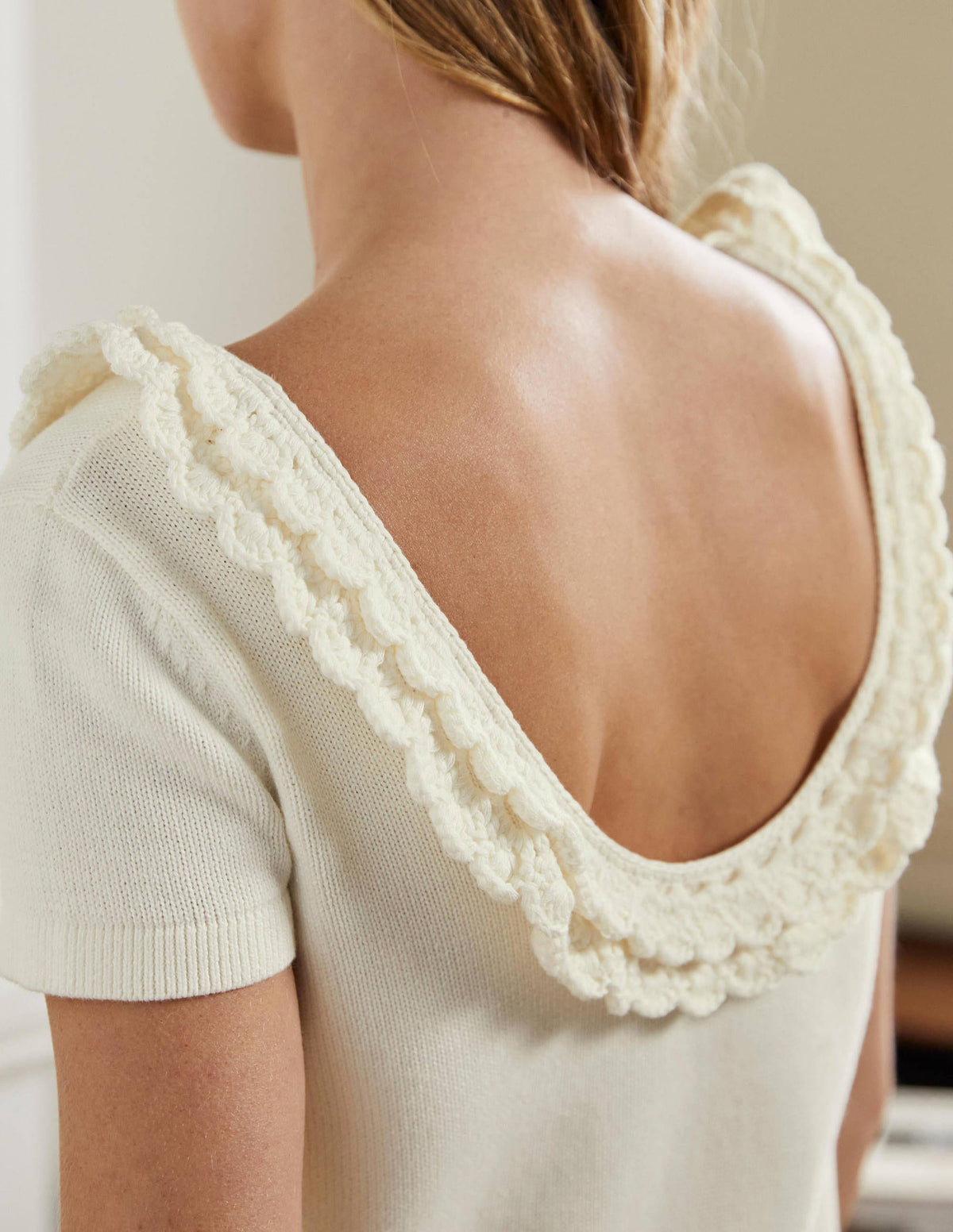 Crochet Scallop Knit T-shirt-Ivory - Image 2