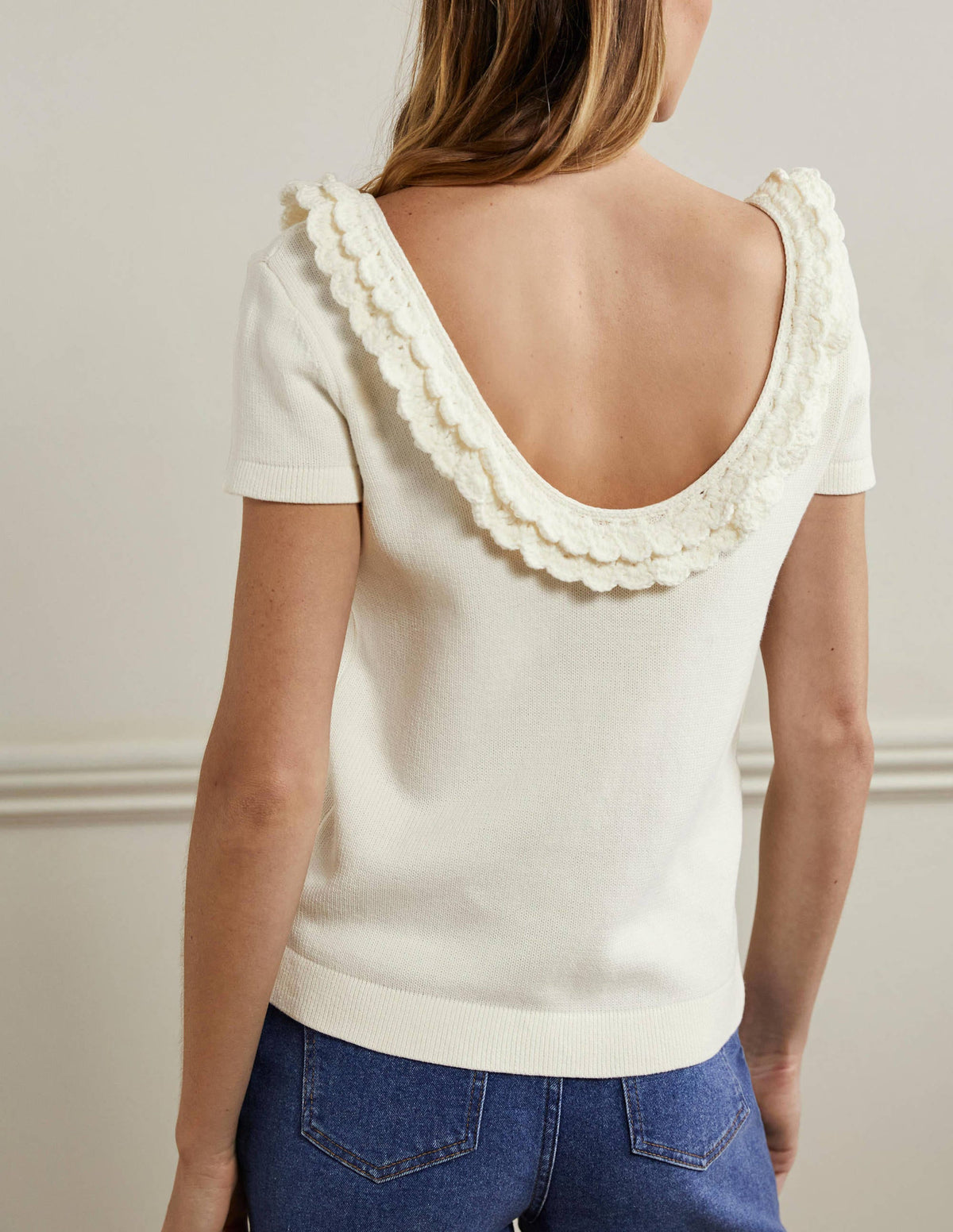 Crochet Scallop Knit T-shirt-Ivory - Image 3
