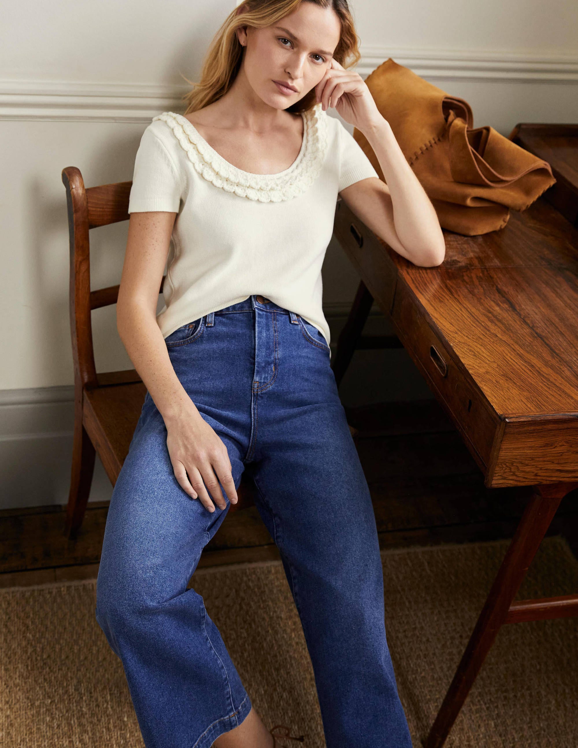 Crochet Scallop Knit T-shirt-Ivory - Image 4