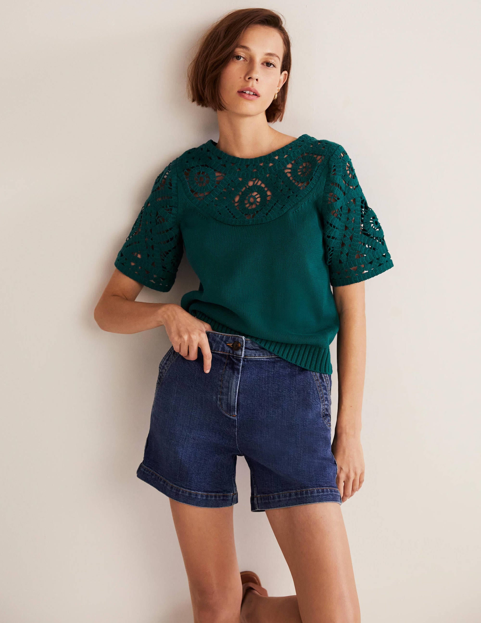 Crochet Detail Knitted T-shirt-Chesapeake Bay Green - Image 1