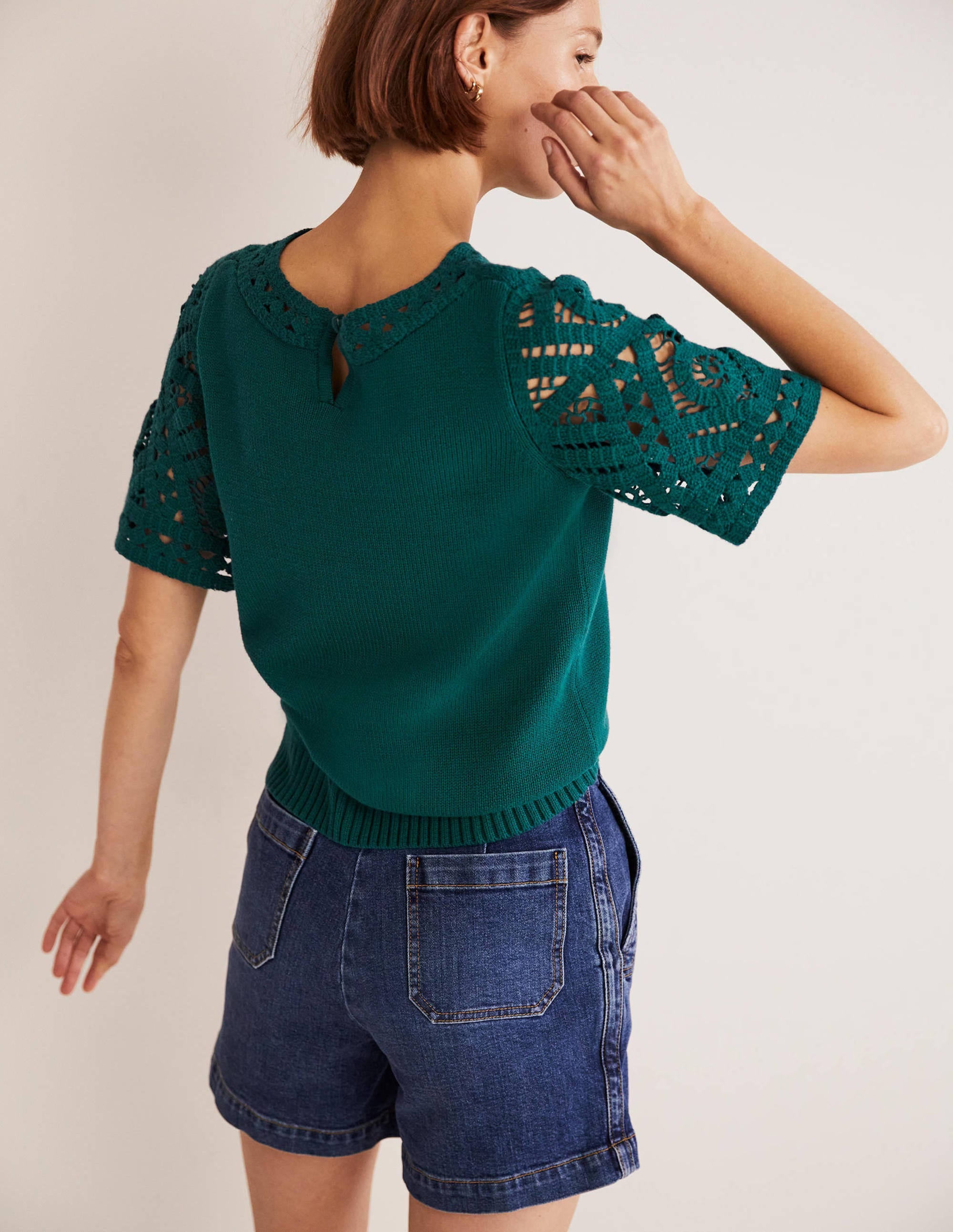 Crochet Detail Knitted T-shirt-Chesapeake Bay Green - Image 3