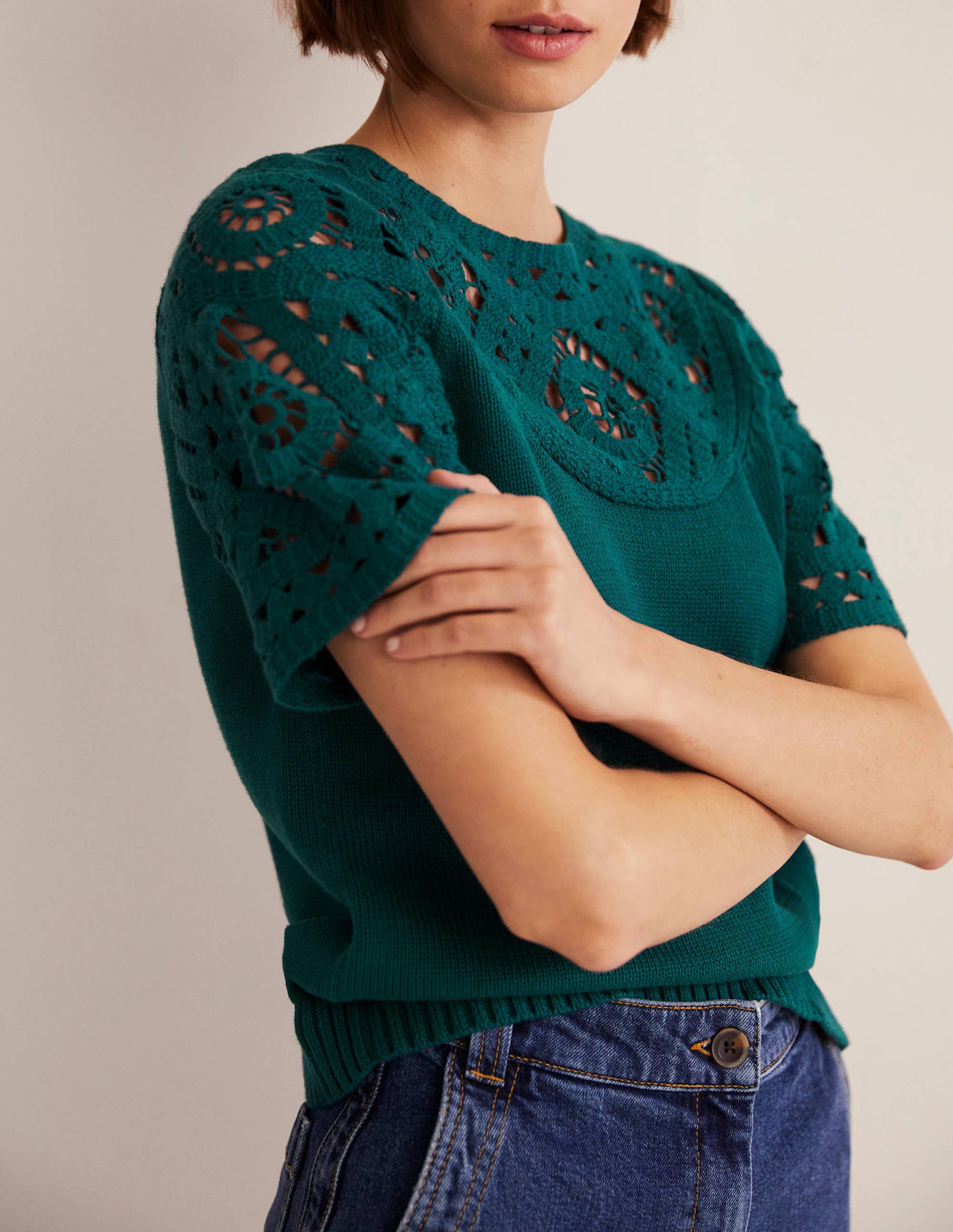 Crochet Detail Knitted T-shirt-Chesapeake Bay Green - Image 4