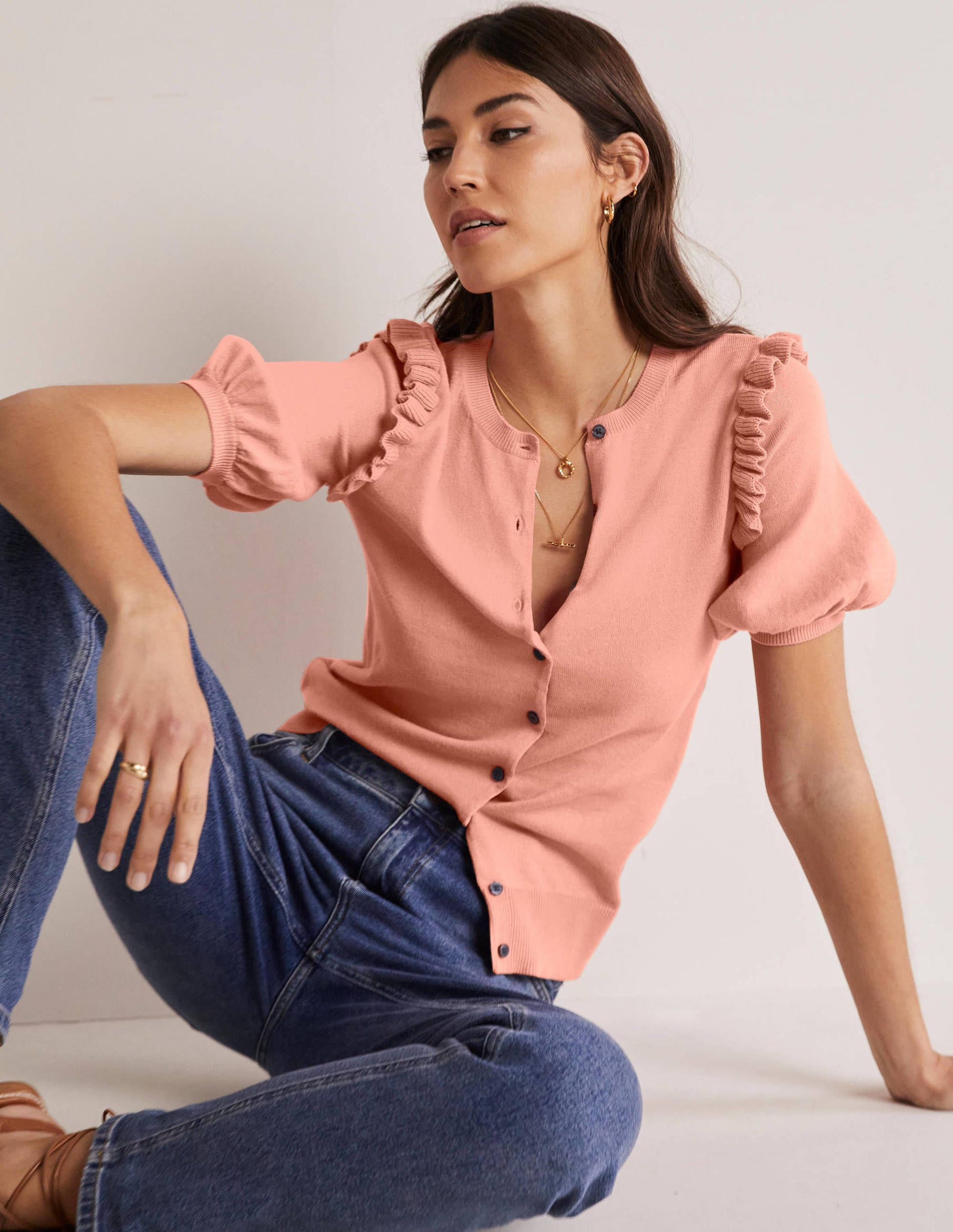Frill Shoulder Cotton Cardigan-Chalky Coral Pink-1