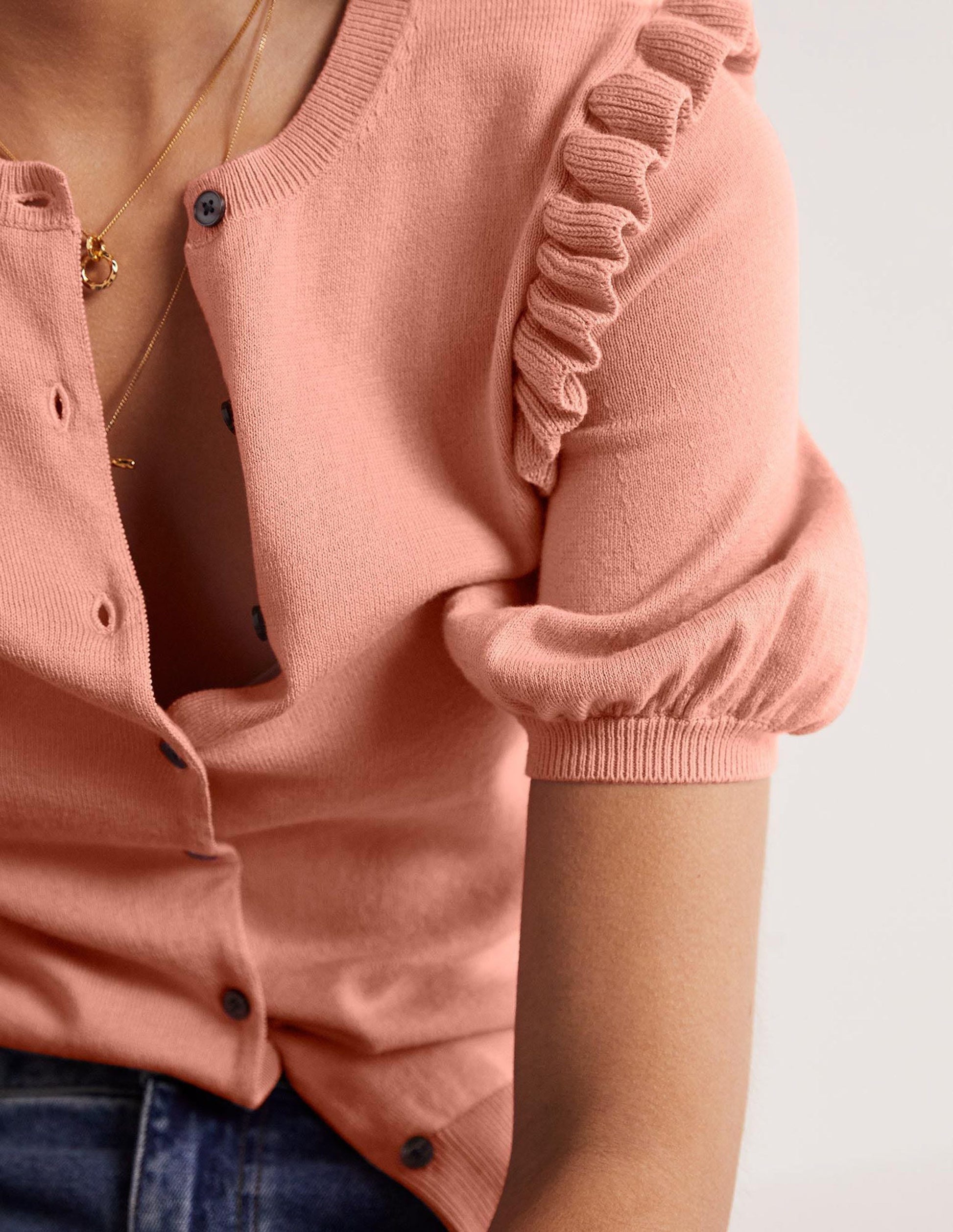 Frill Shoulder Cotton Cardigan-Chalky Coral Pink-2