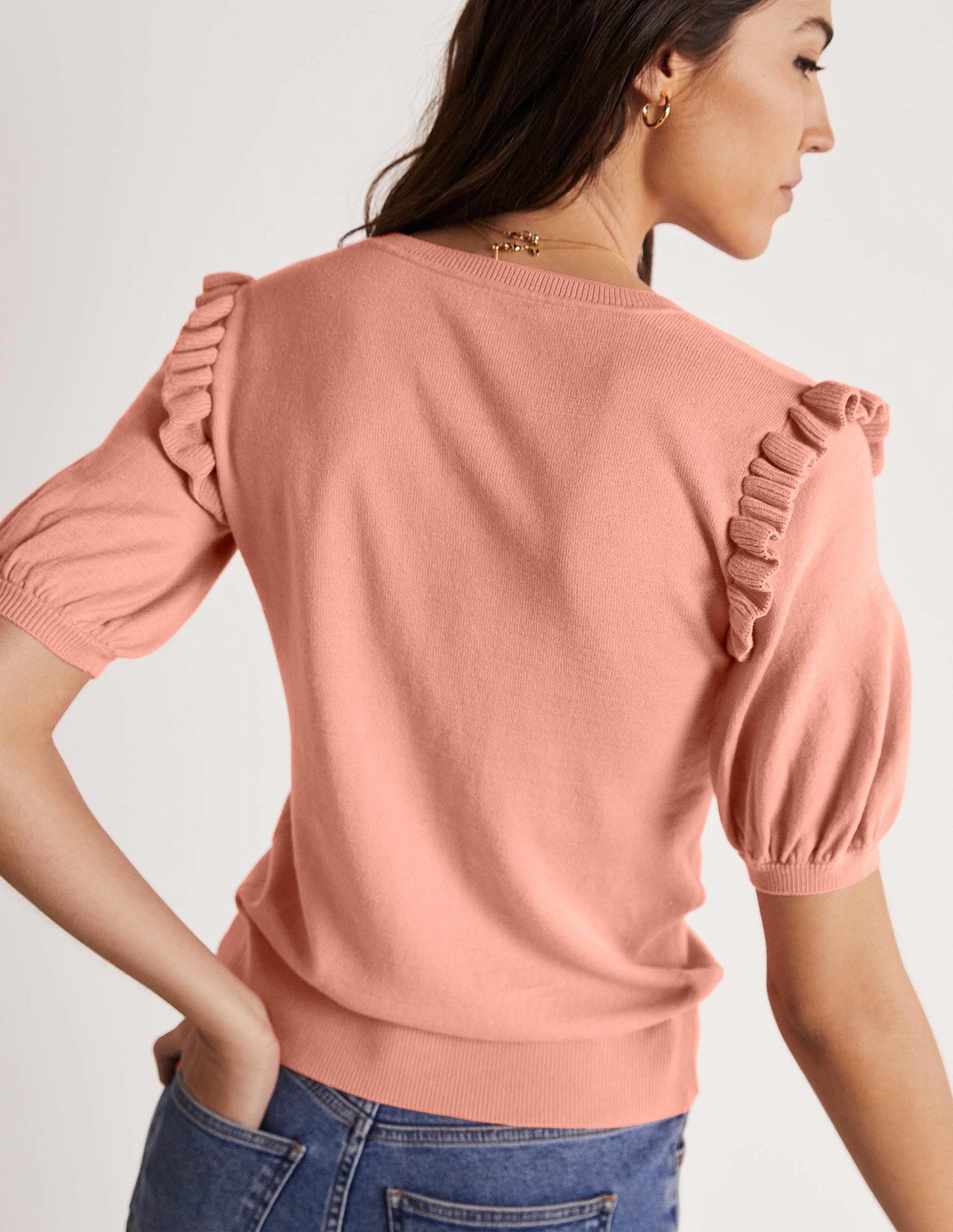 Frill Shoulder Cotton Cardigan-Chalky Coral Pink-4