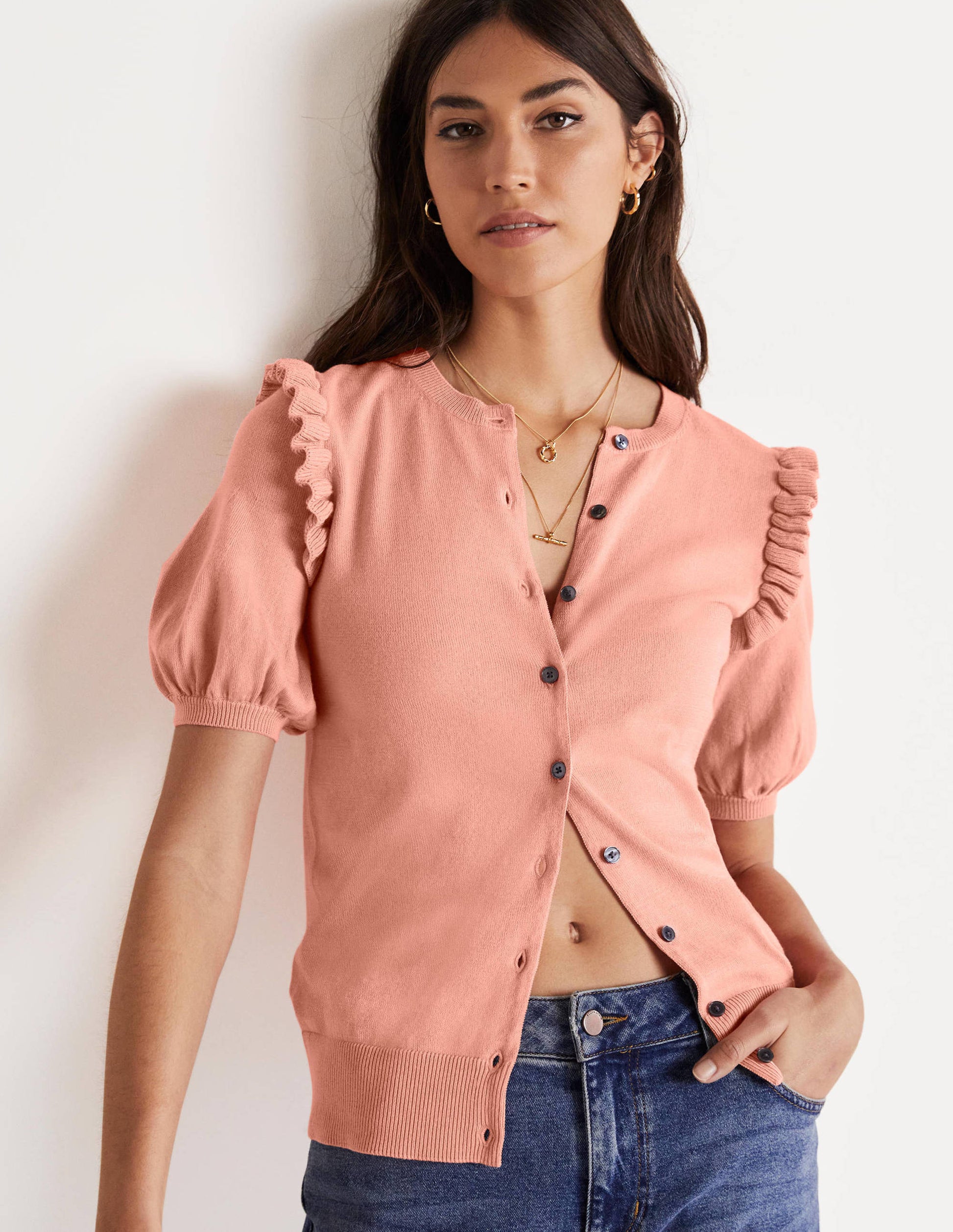 Frill Shoulder Cotton Cardigan-Chalky Coral Pink-5