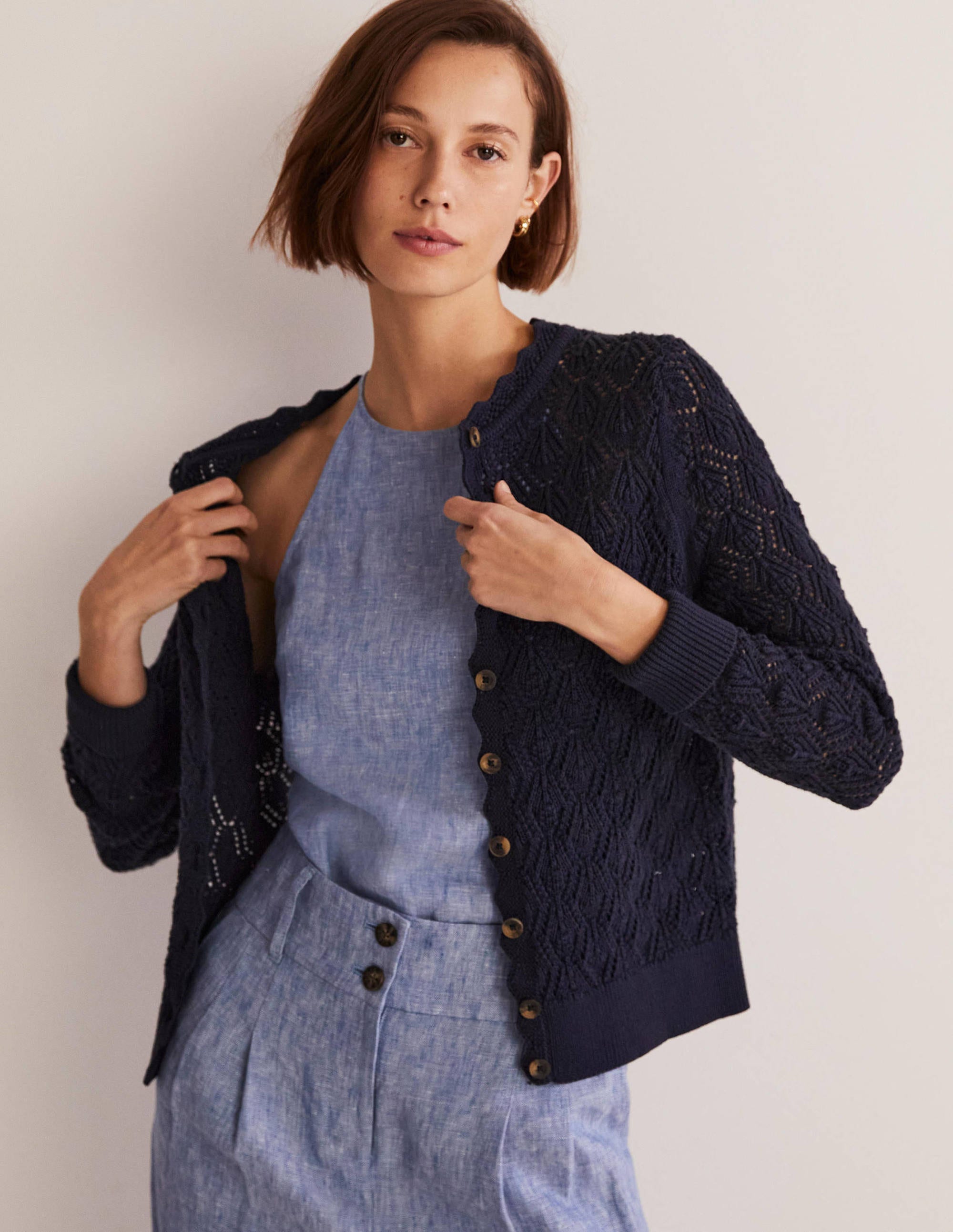 Scallop Crochet Cardigan-navy - Image 1