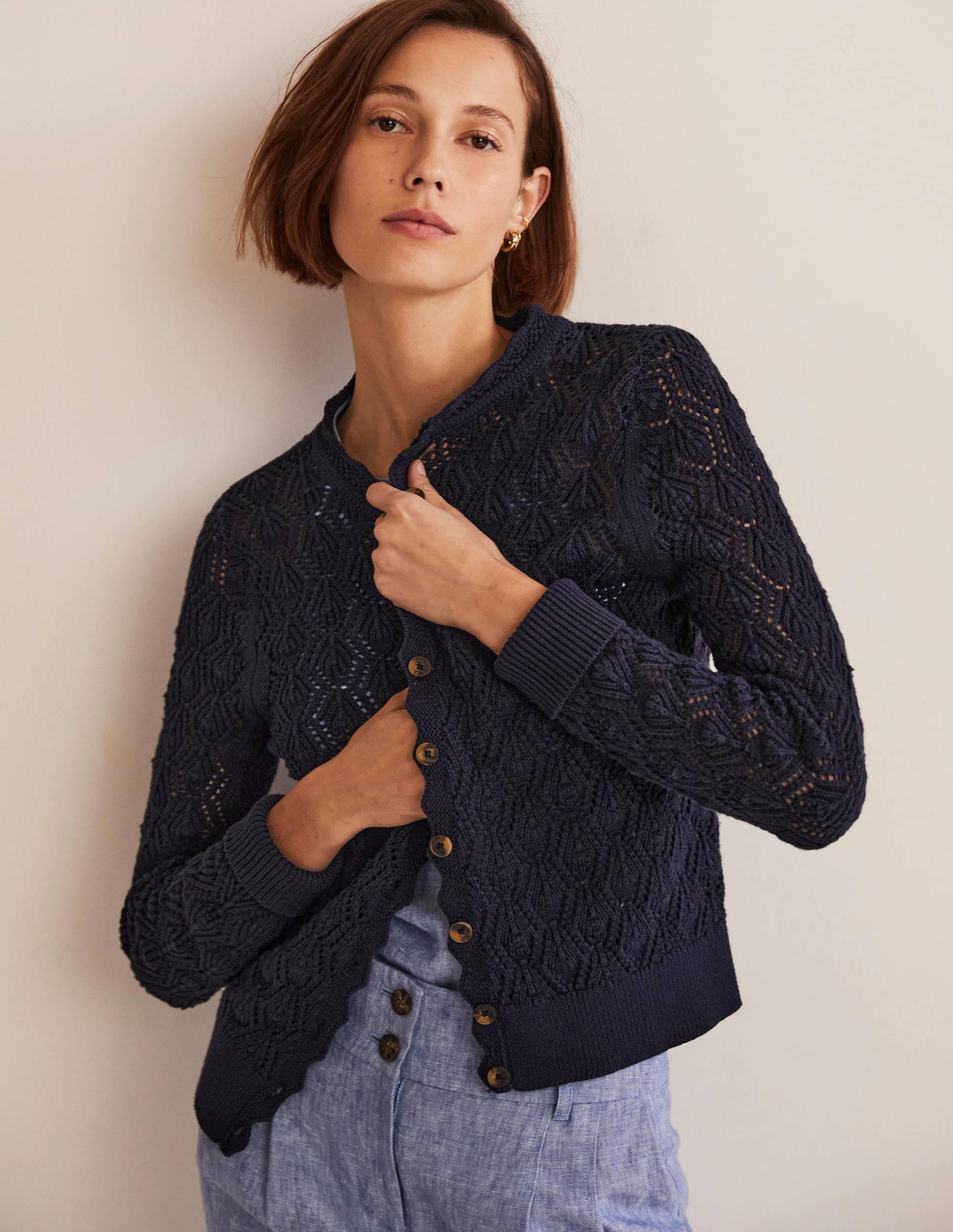 Scallop Crochet Cardigan-navy - Image 3
