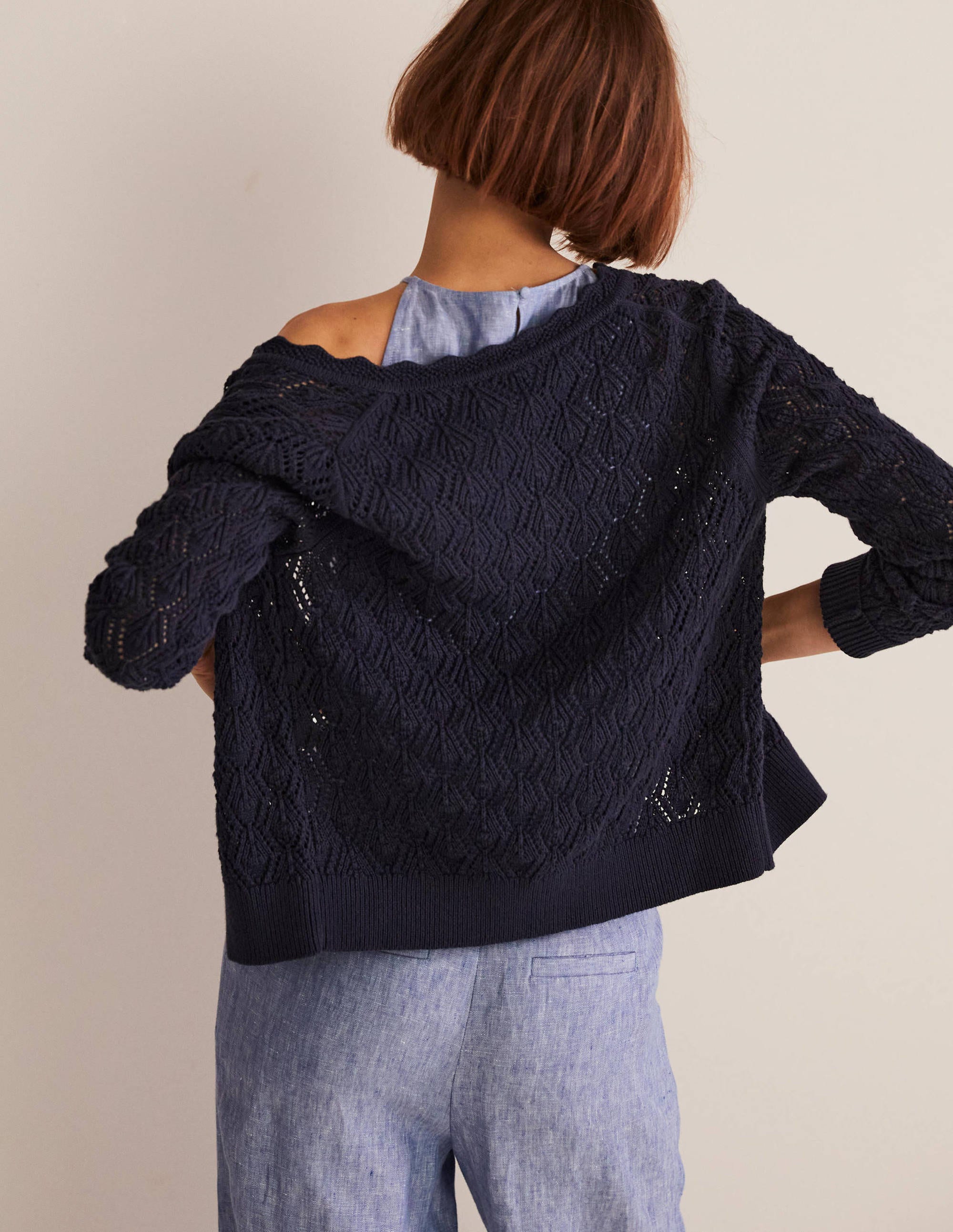 Scallop Crochet Cardigan-navy - Image 5