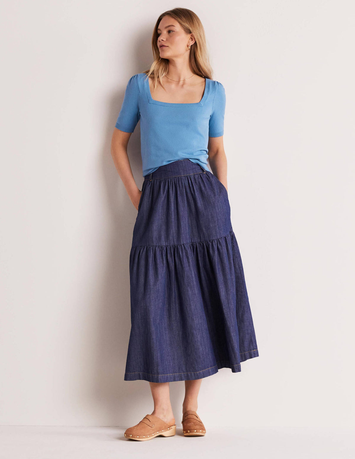 Cotton Square Neck Knitted Top-Riviera Blue-4