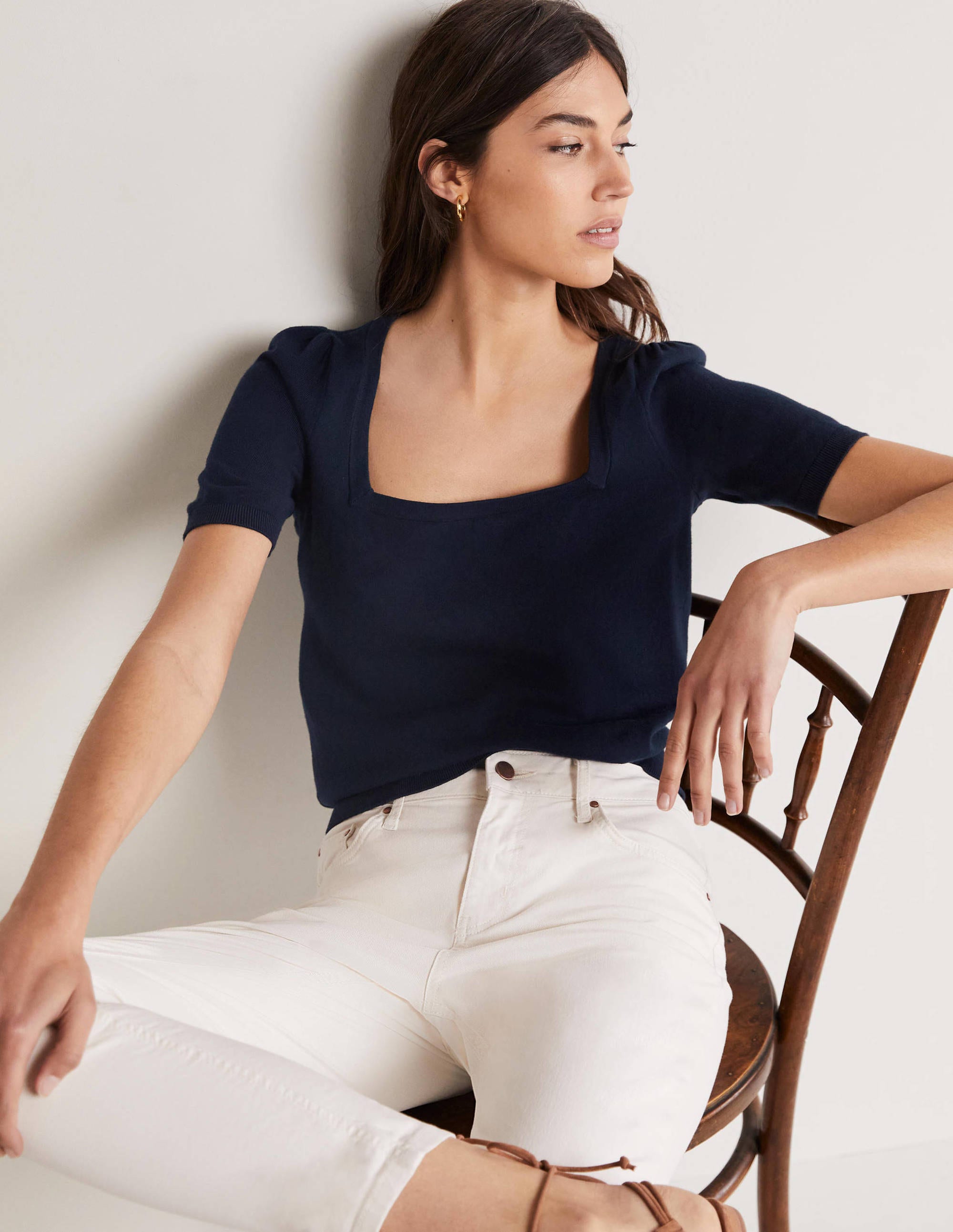 Cotton Square Neck Knitted Top-Navy - Image 5
