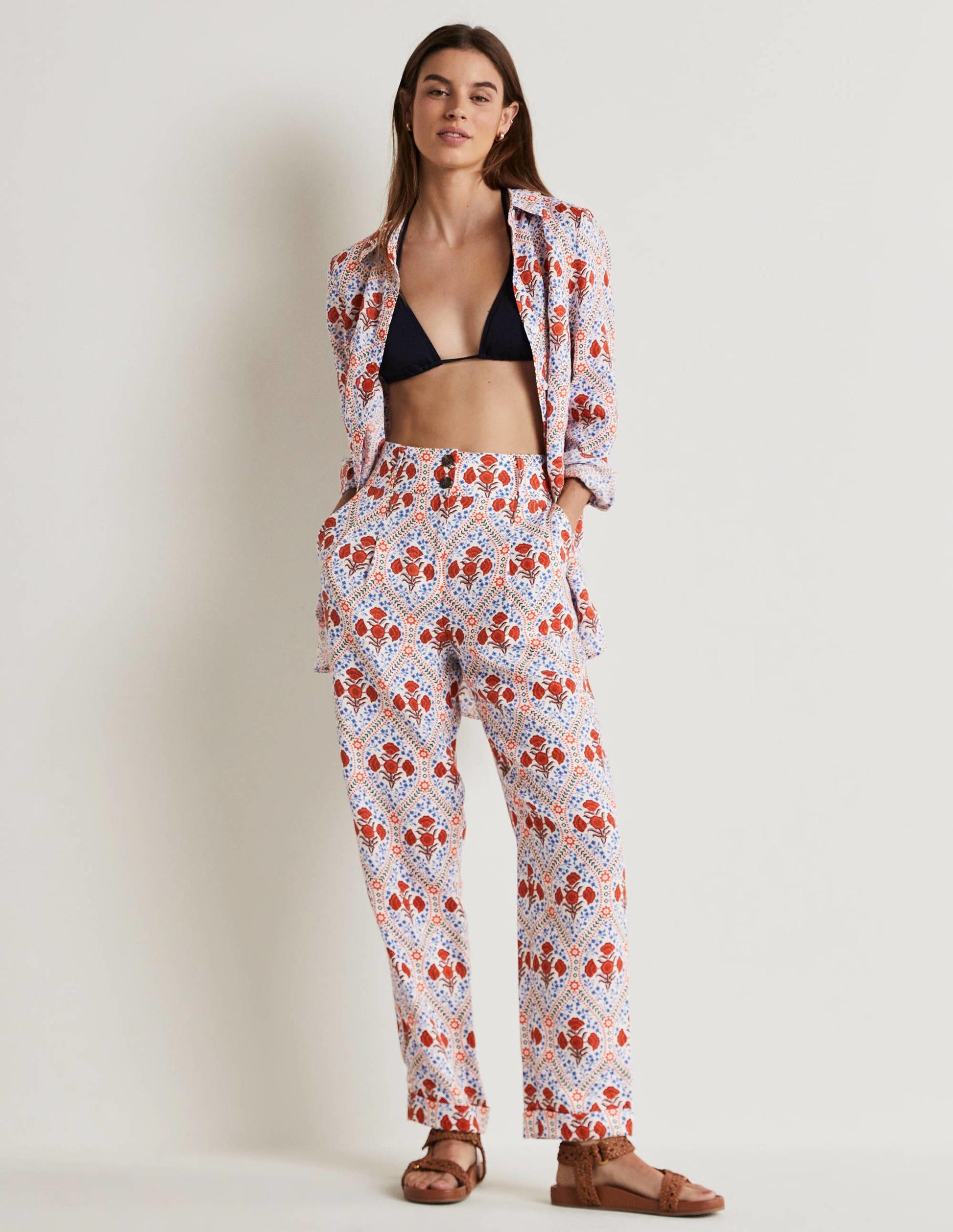 Pleated Turn Up Linen Pants-Ivory, Poppy Bloom-1