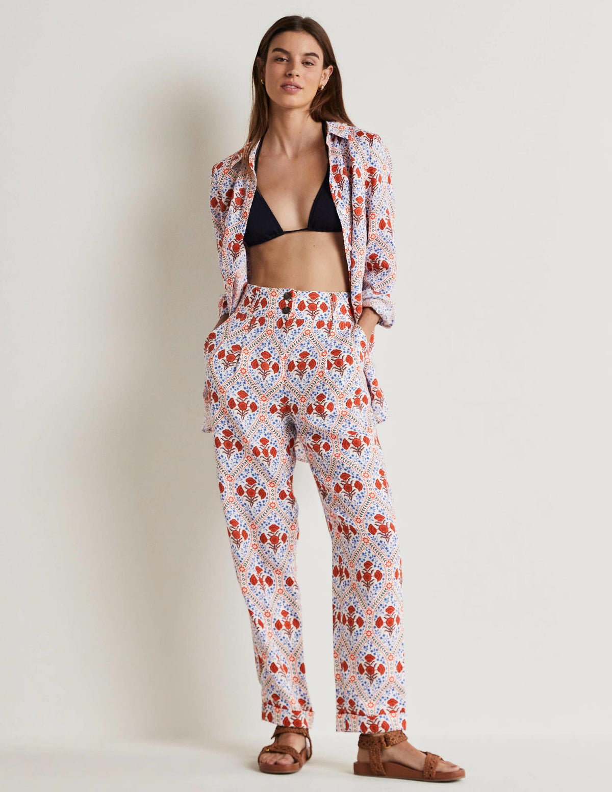Pleated Turn Up Linen Pants-Ivory, Poppy Bloom - Image 1