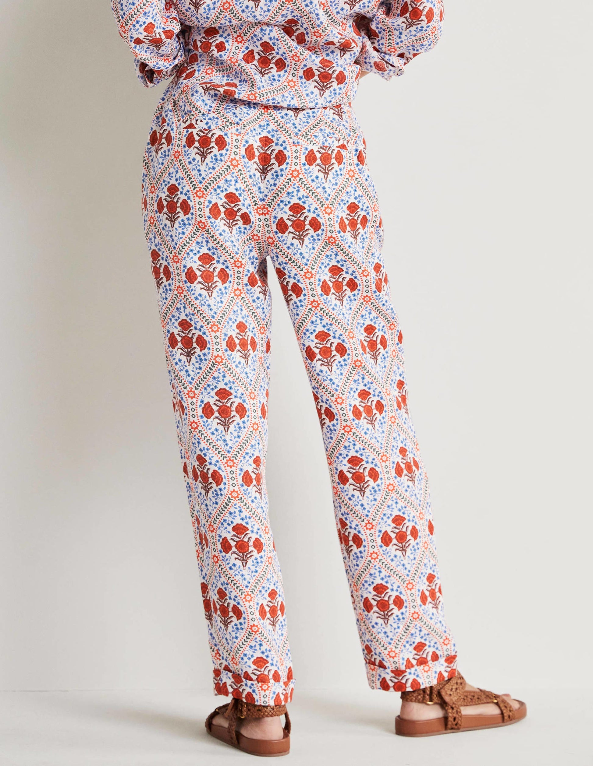 Pleated Turn Up Linen Pants-Ivory, Poppy Bloom-3