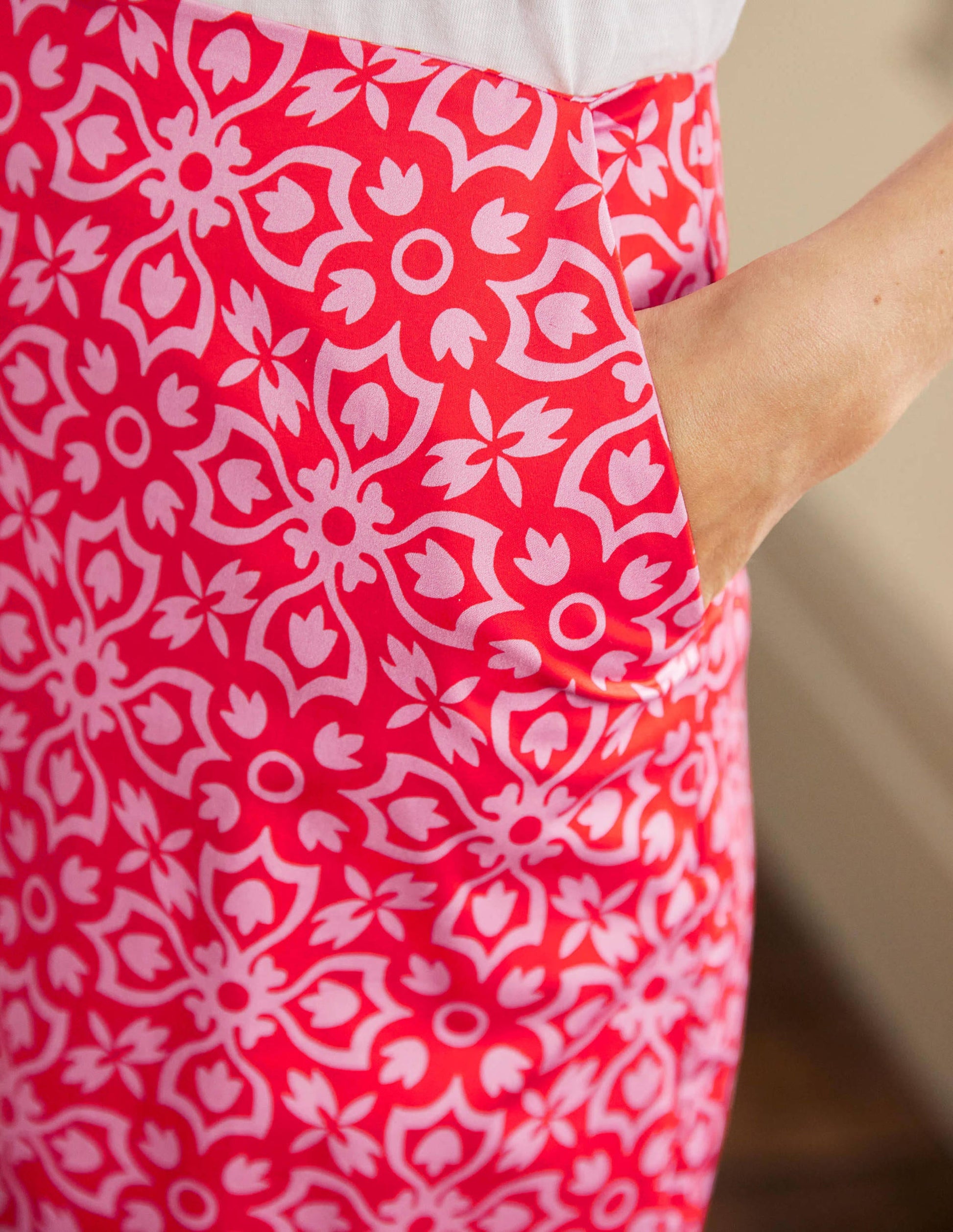 Printed A-line Midi Skirt-Dragon Red, Floret Tile-2