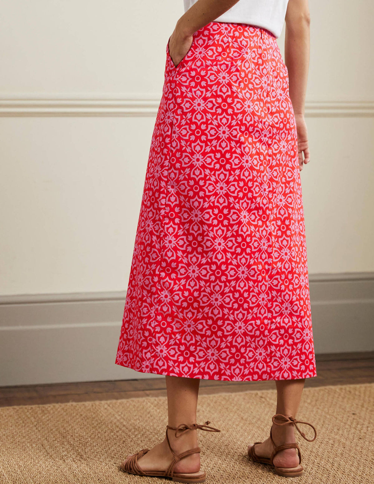 Printed A-line Midi Skirt-Dragon Red, Floret Tile - Image 3