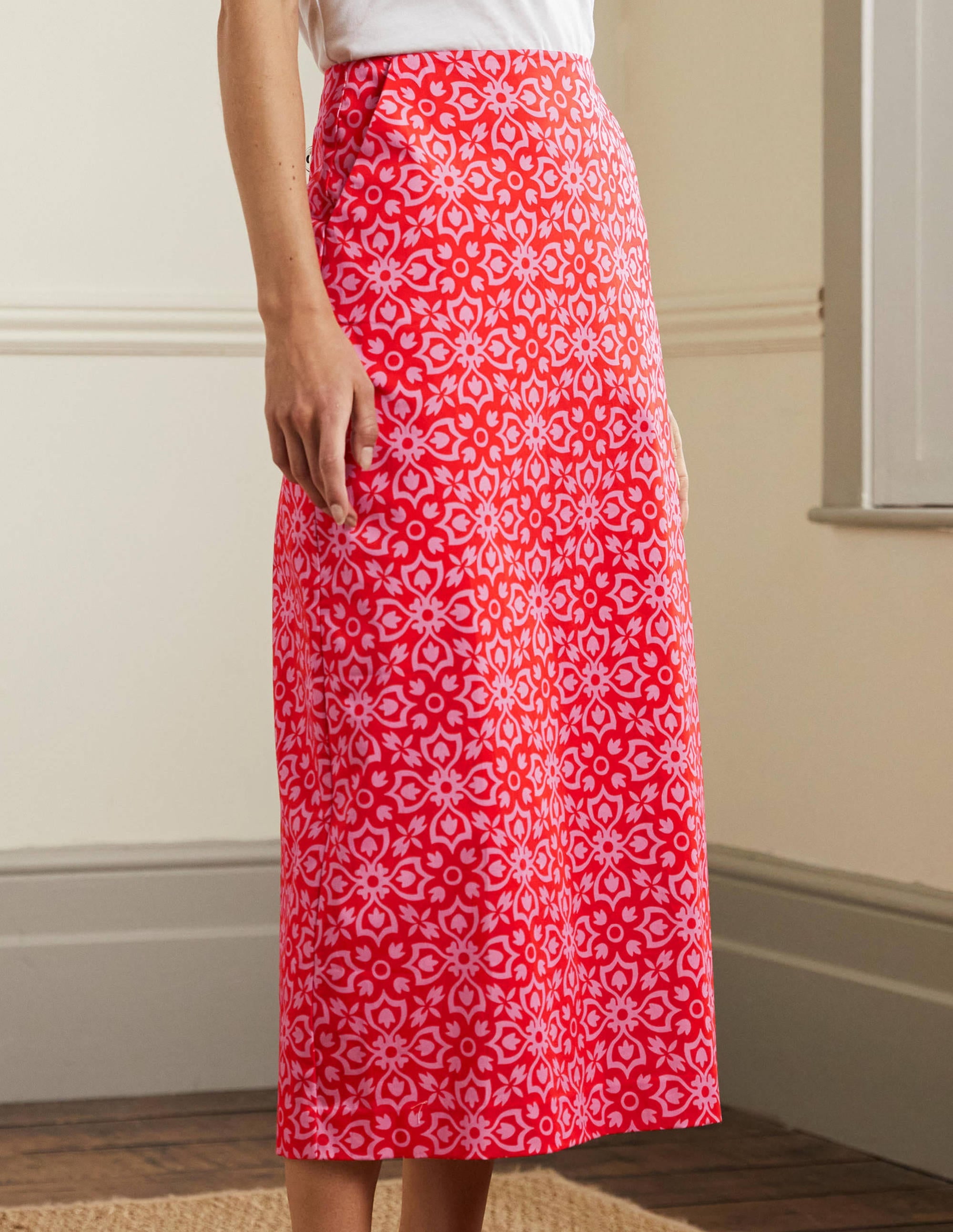 Printed A-line Midi Skirt-Dragon Red, Floret Tile - Image 4
