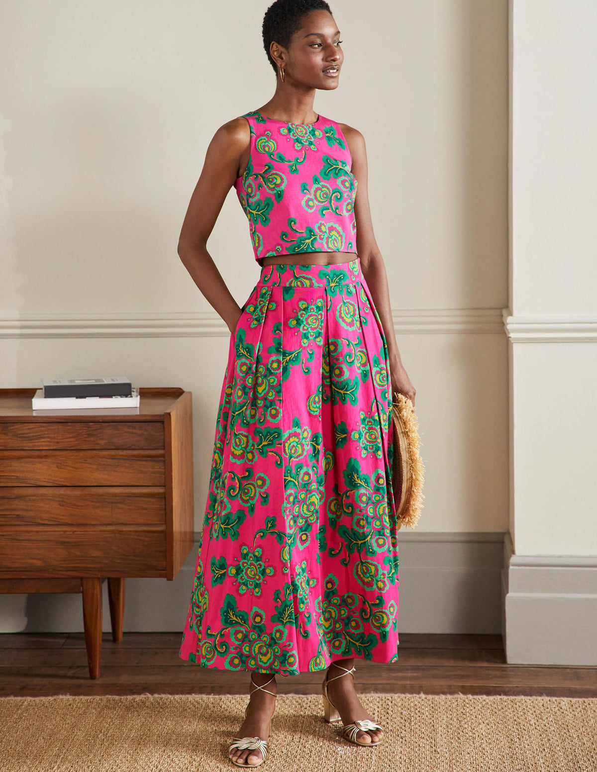 Scarlett Printed Midi Skirt-Party Pink, Wild Blooms-1