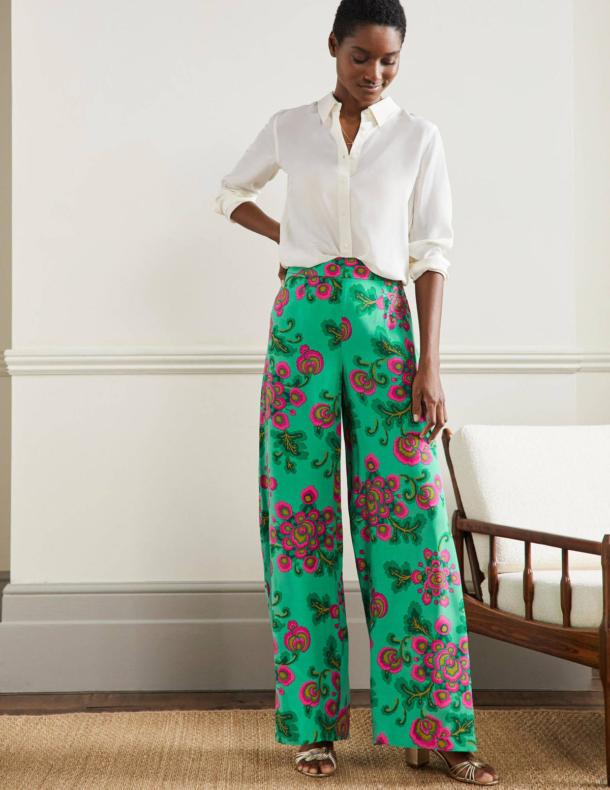 Zoe Wide Leg Palazzo Pants-Ming Green, Wild Blooms - Image 1