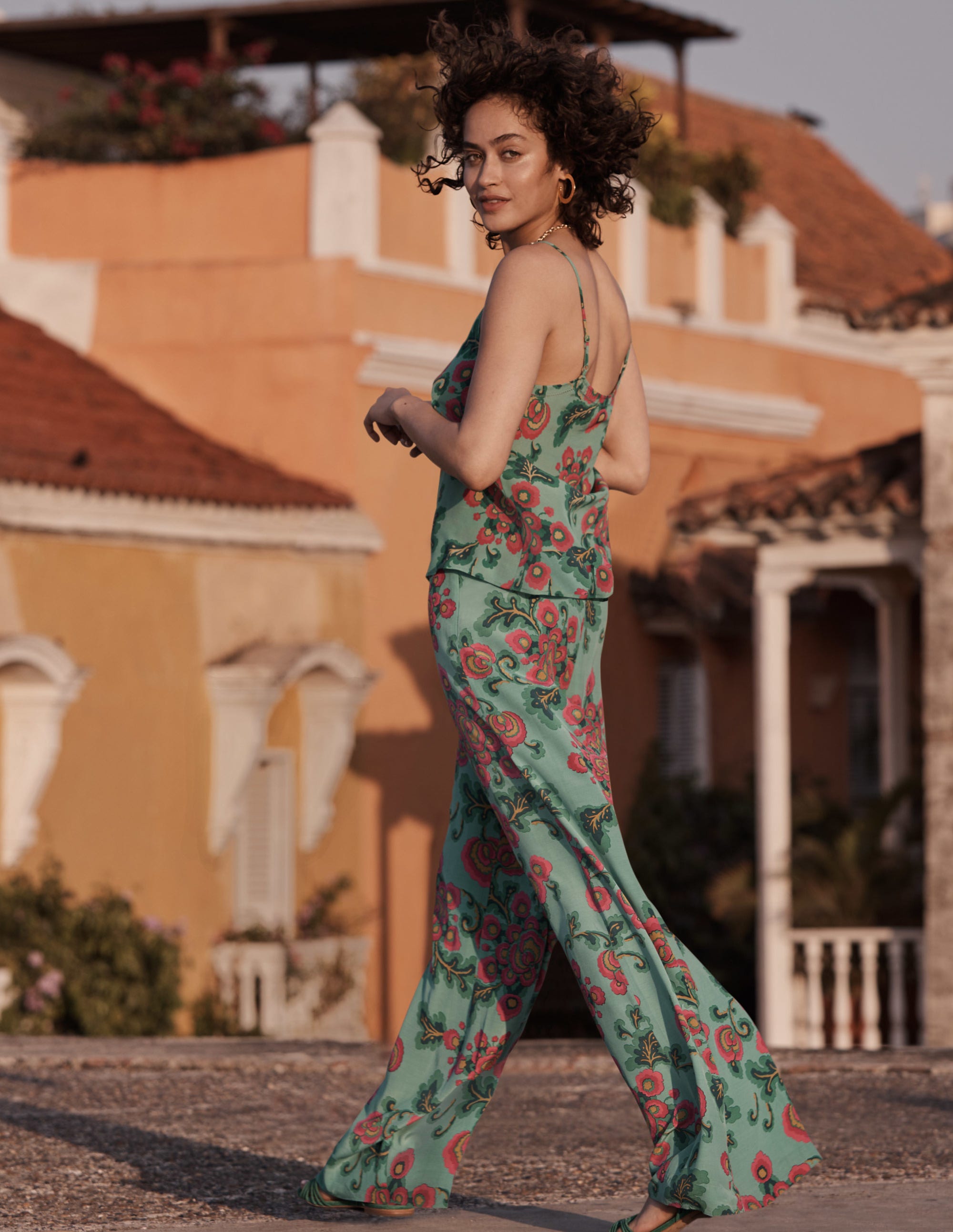 Zoe Wide Leg Palazzo Pants-Ming Green, Wild Blooms - Image 6