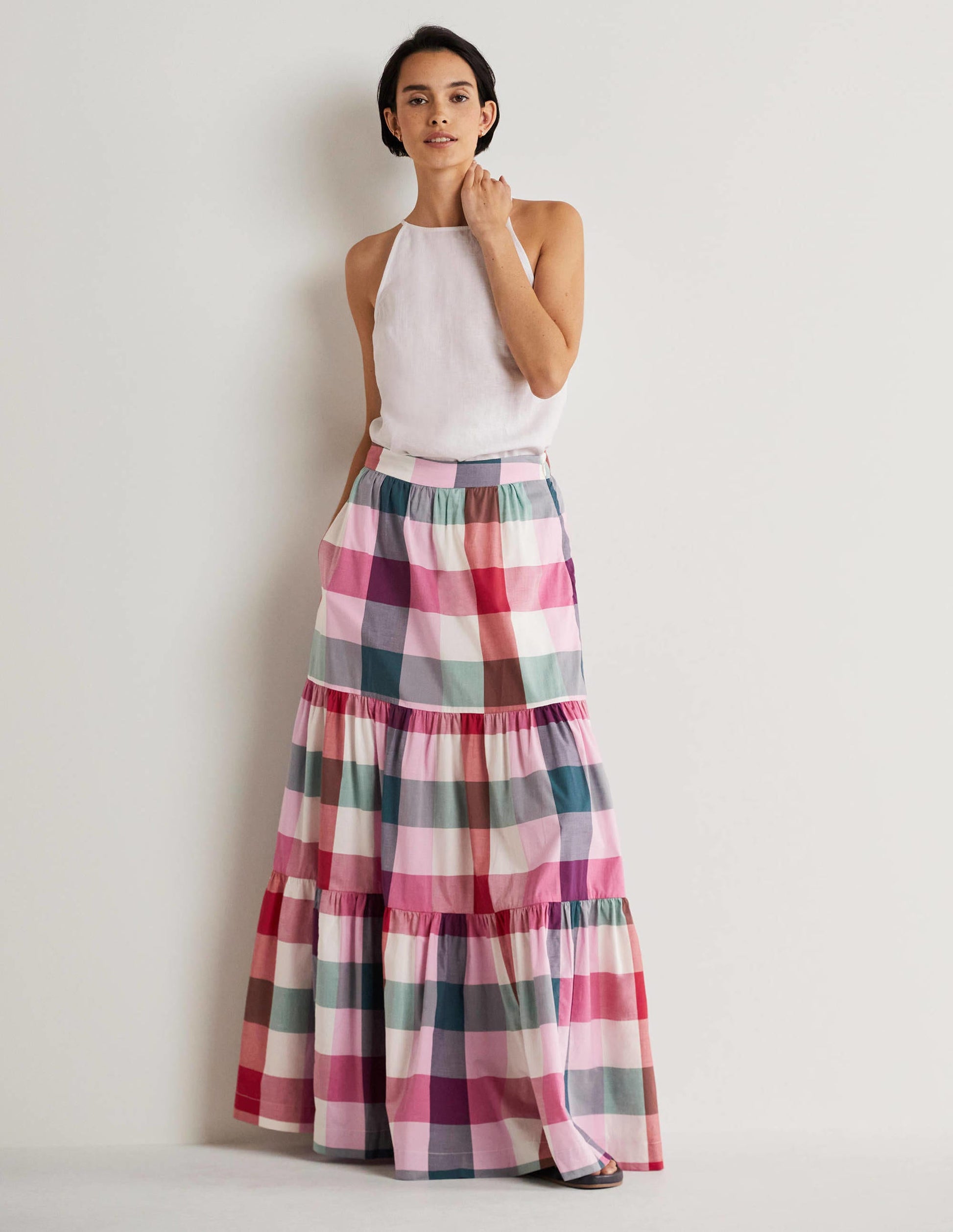 Lorna Tiered Maxi Skirt-Bonbon Pink Flambe Check-1