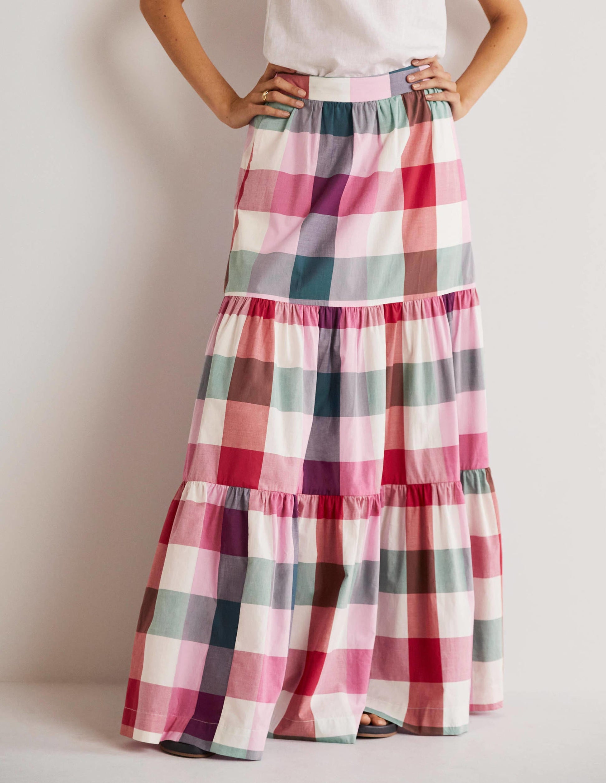 Lorna Tiered Maxi Skirt-Bonbon Pink Flambe Check-4